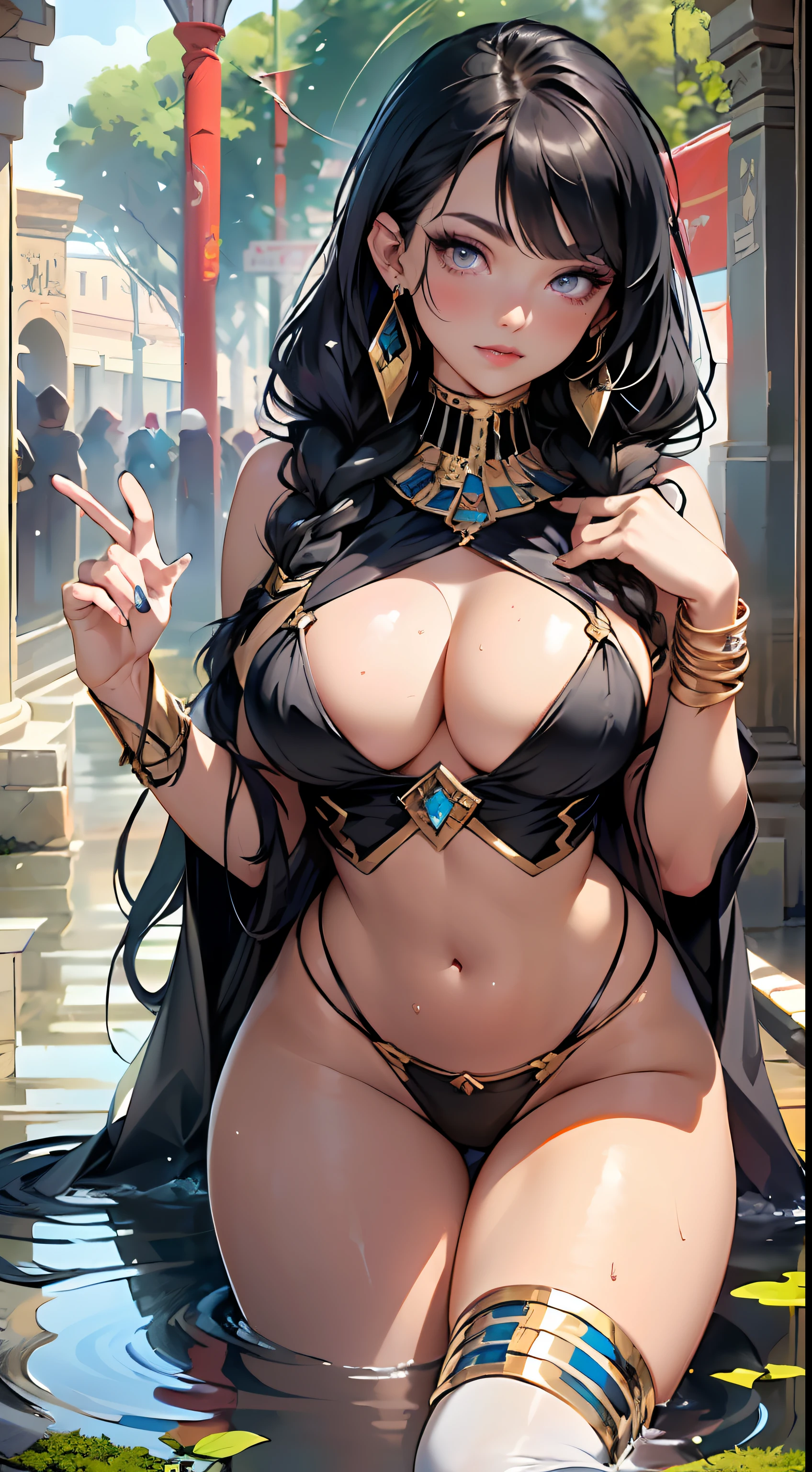 girl from ancient Egypt, 1girl,

(large breasts:1.4), saggy breasts, (((twin braids, tight braids, long braid, braided hair, long hime cut,  dark hair, black hair,  colored inner hair))), ((purple eyes:1.3, perfect eyes ,beautiful detailed eyes, rainbow glows ultra-detailed deep green purple eyes:1.1, gradient eyes:1, finely detailed beautiful eyes:1, symmetrical eyes:1, big highlight on eyes:1.2)), (((lustrous skin:1.5, tanned skin, bright skin: 1.5, skin tanned, shiny skin, very shiny skin, shiny body))), (spider lower abdomen, narrow waist, wide hip, athletic body, inflated legs, delicate detailed fingers, hand consists of a short thumb and four fingers, hand with just five fingers, hand reference), 

cute, slutty, sensual, seductive look, seductive, erotic, enchanting, nsfw, 

zettai ryouiki, revealing clothing, show skin, cleavage, ((underboob)), (((barefoot))), ((egyptian outfit)), ((detailed egyptian outfit)), egyptian accessories, usekh collar, earrings, ((hair tubes)), (eyes shadow), (egyptian makeup), eyelid makeup, (((pelvis curtain))), (loincloth), (Transparent cloth:1.1, detailed outfit)

dynamic pose, looking at viewer, embarrassed, (full height), full body,

outdoors, (egyptian palace, egyptian palace background), detailed background, (oasis, oasis background), extremely detailed background, (puddles everywhere, moss, moss on the background), clouds,

(best quality), (high resolution), (sharp focus), (ultra detailed), (extremely detailed), (extremely high quality artwork), 8k_wallpaper, (extremely detailed CG 8k),(very fine 8K CG), ((hyper super ultra detailed perfect piece)), flawless, (((masterpiece))), illustration, vibrant colors,  (intricate),