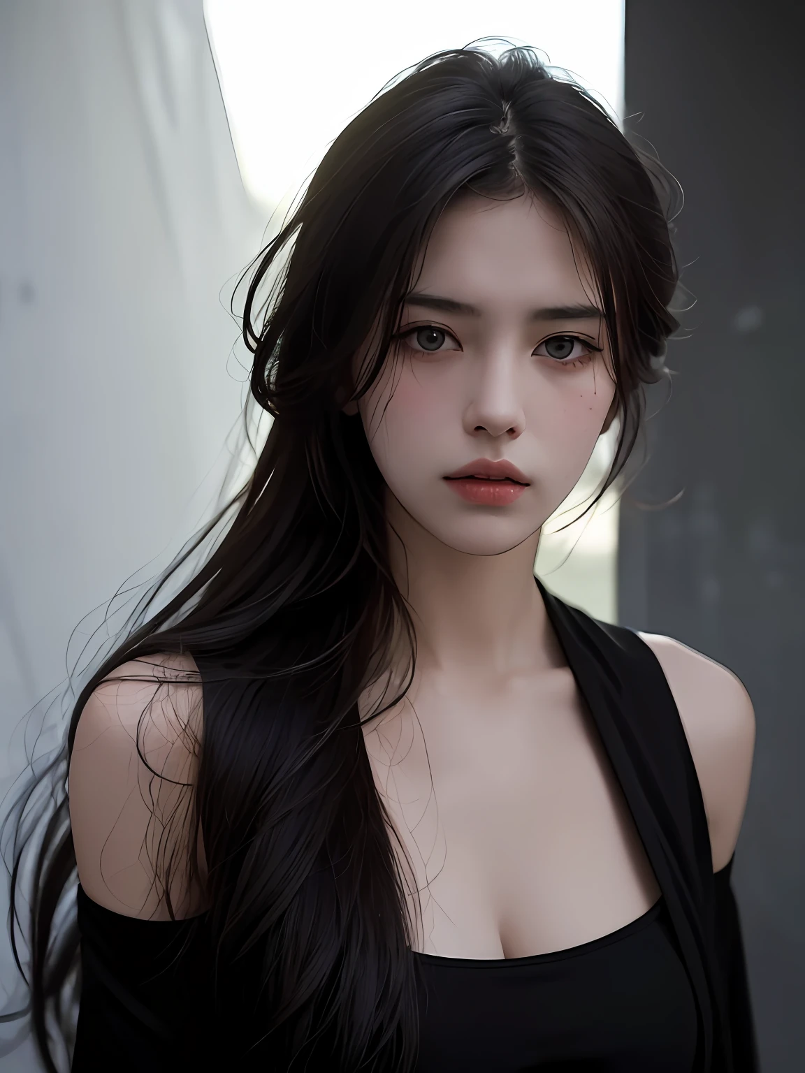 Best Quality, Masterpiece, Ultra High Resolution, (Realistic:1.5), Original photo, 1 girl, shoulders, In the dark, Deep shadow, Understated, Cold light, Sexy look, Long hair