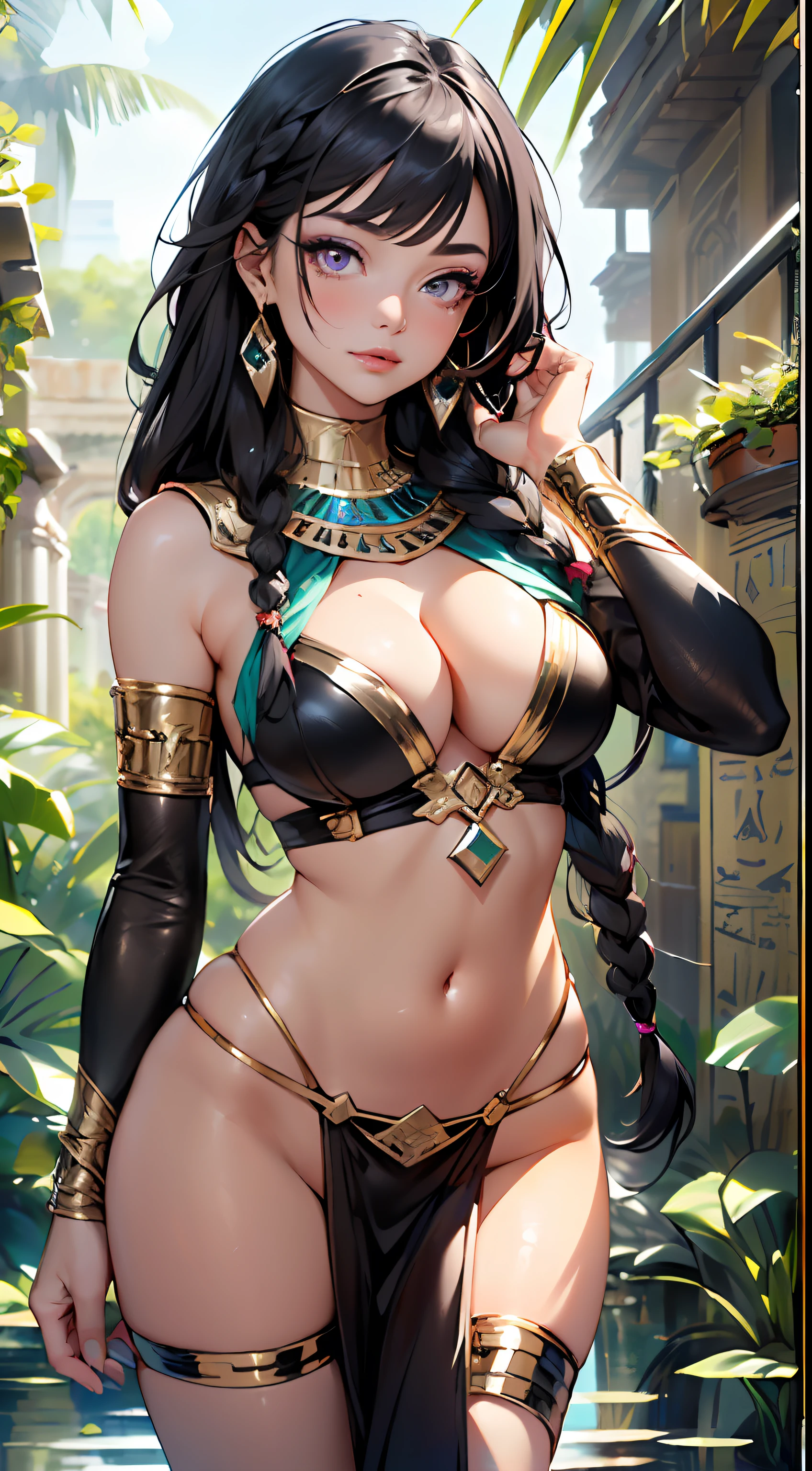 girl from ancient Egypt, 1girl,

(large breasts:1.4), saggy breasts, (((twin braids, tight braids, long braid, braided hair, long hime cut,  dark hair, black hair,  colored inner hair))), ((purple eyes:1.3, perfect eyes ,beautiful detailed eyes, rainbow glows ultra-detailed deep green purple eyes:1.1, gradient eyes:1, finely detailed beautiful eyes:1, symmetrical eyes:1, big highlight on eyes:1.2)), (((lustrous skin:1.5, tanned skin, bright skin: 1.5, skin tanned, shiny skin, very shiny skin, shiny body))), (spider lower abdomen, narrow waist, wide hip, athletic body, inflated legs, delicate detailed fingers, hand consists of a short thumb and four fingers, hand with just five fingers, hand reference), 

cute, slutty, sensual, seductive look, seductive, erotic, enchanting, nsfw, 

zettai ryouiki, revealing clothing, show skin, cleavage, ((underboob)), (((barefoot))), ((egyptian outfit)), ((detailed egyptian outfit)), egyptian accessories, usekh collar, earrings, ((hair tubes)), (eyes shadow), (egyptian makeup), eyelid makeup, (((pelvis curtain))), (loincloth), (Transparent cloth:1.1, detailed outfit)

dynamic pose, looking at viewer, embarrassed, (full height), full body,

outdoors, (egyptian palace, egyptian palace background), detailed background, (oasis, oasis background), extremely detailed background, (puddles everywhere, moss, moss on the background), clouds,

(best quality), (high resolution), (sharp focus), (ultra detailed), (extremely detailed), (extremely high quality artwork), 8k_wallpaper, (extremely detailed CG 8k),(very fine 8K CG), ((hyper super ultra detailed perfect piece)), flawless, (((masterpiece))), illustration, vibrant colors,  (intricate),