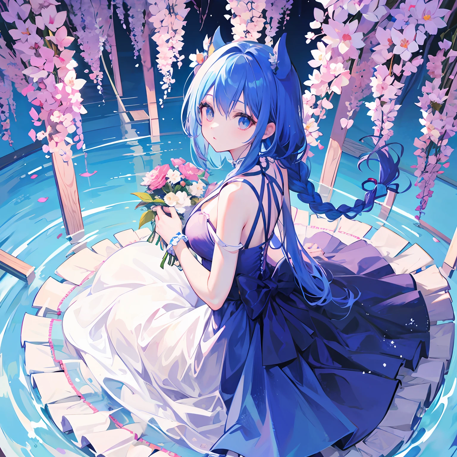 teens girl，Two braids，Air swing，Princess dress，blue  hair，full bodyesbian，Look up，tmasterpiece，acurate，Heteropupil，There are flowers around，