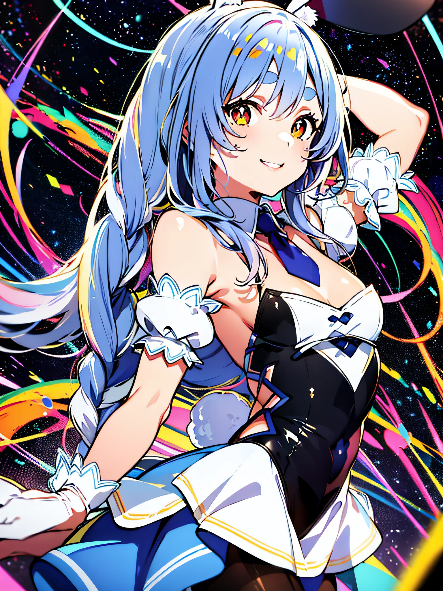 rabbit-shaped pupils, (flat color:1.0), blue hair, rabbit ears, pantyhose, white dress,  smile, braid, black gloves, upper body, open arms,