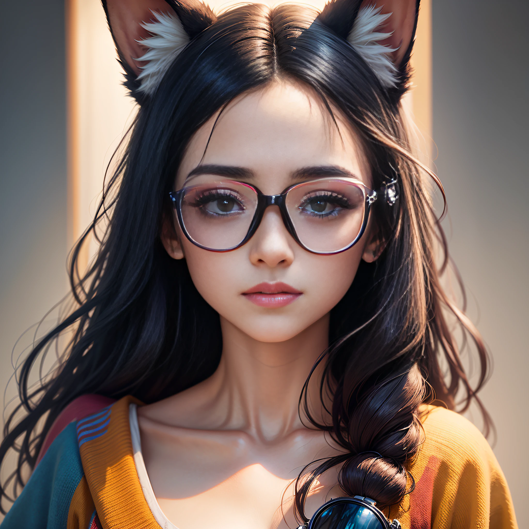 "Long colorful hair、Wear goggles,Freckles under the eyes,fox ear,Exquisite makeup,Fall into distraction,Modern art,Cinematic light and shadow,The light of God shines,Ray rendering,Close-up - automatic"。 --auto