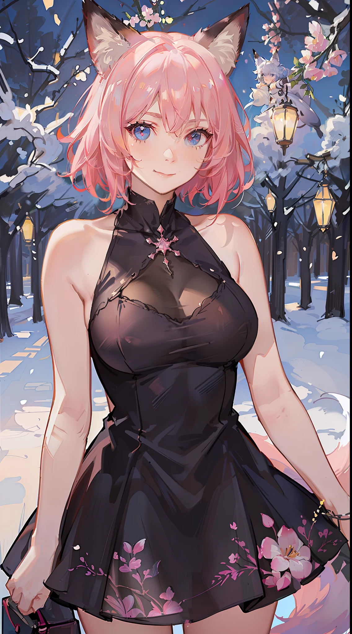 Adult woman, short pink hair, Fox ears, Fox tails, colorful eyes, tight dress, ssmile, Masterpiece, hiquality