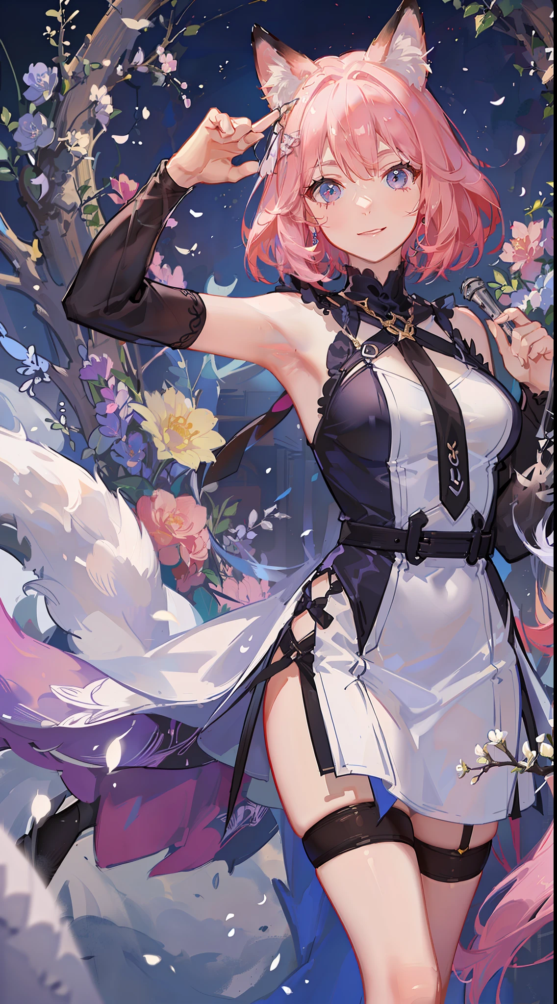 Adult woman, short pink hair, Fox ears, Fox tails, colorful eyes, tight dress, ssmile, Masterpiece, hiquality