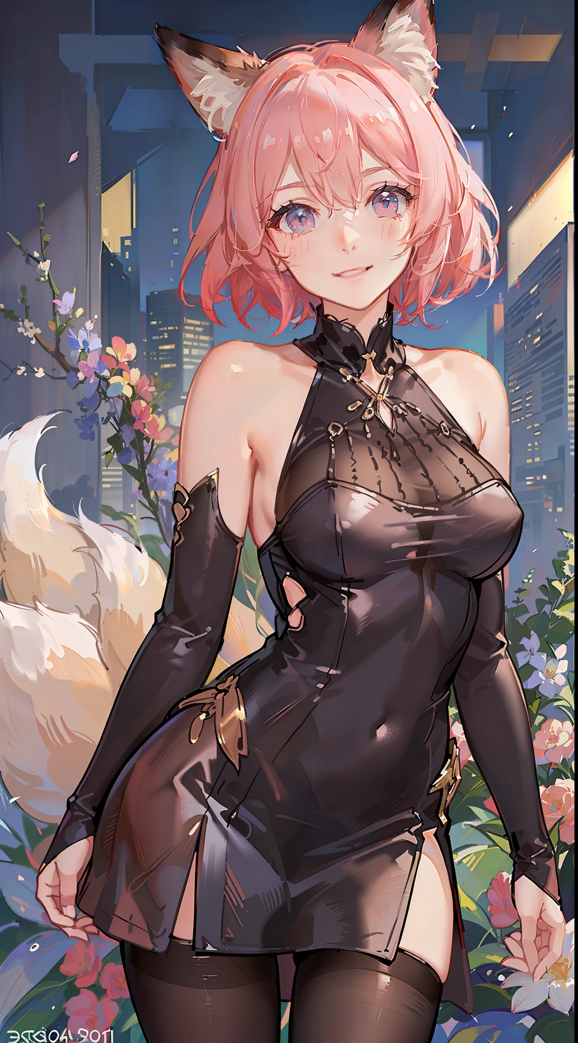 Adult woman, short pink hair, Fox ears, Fox tails, colorful eyes, tight dress, ssmile, Masterpiece, hiquality