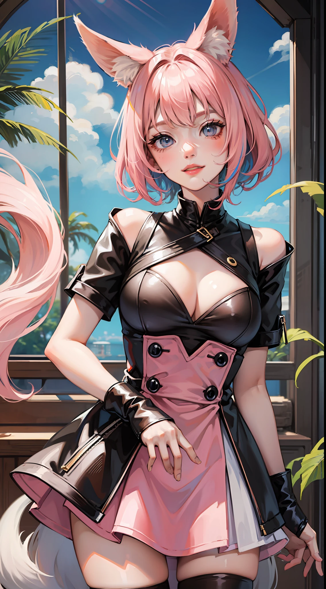 Adult woman, short pink hair, Fox ears, Fox tails, colorful eyes, tight dress, ssmile, Masterpiece, hiquality