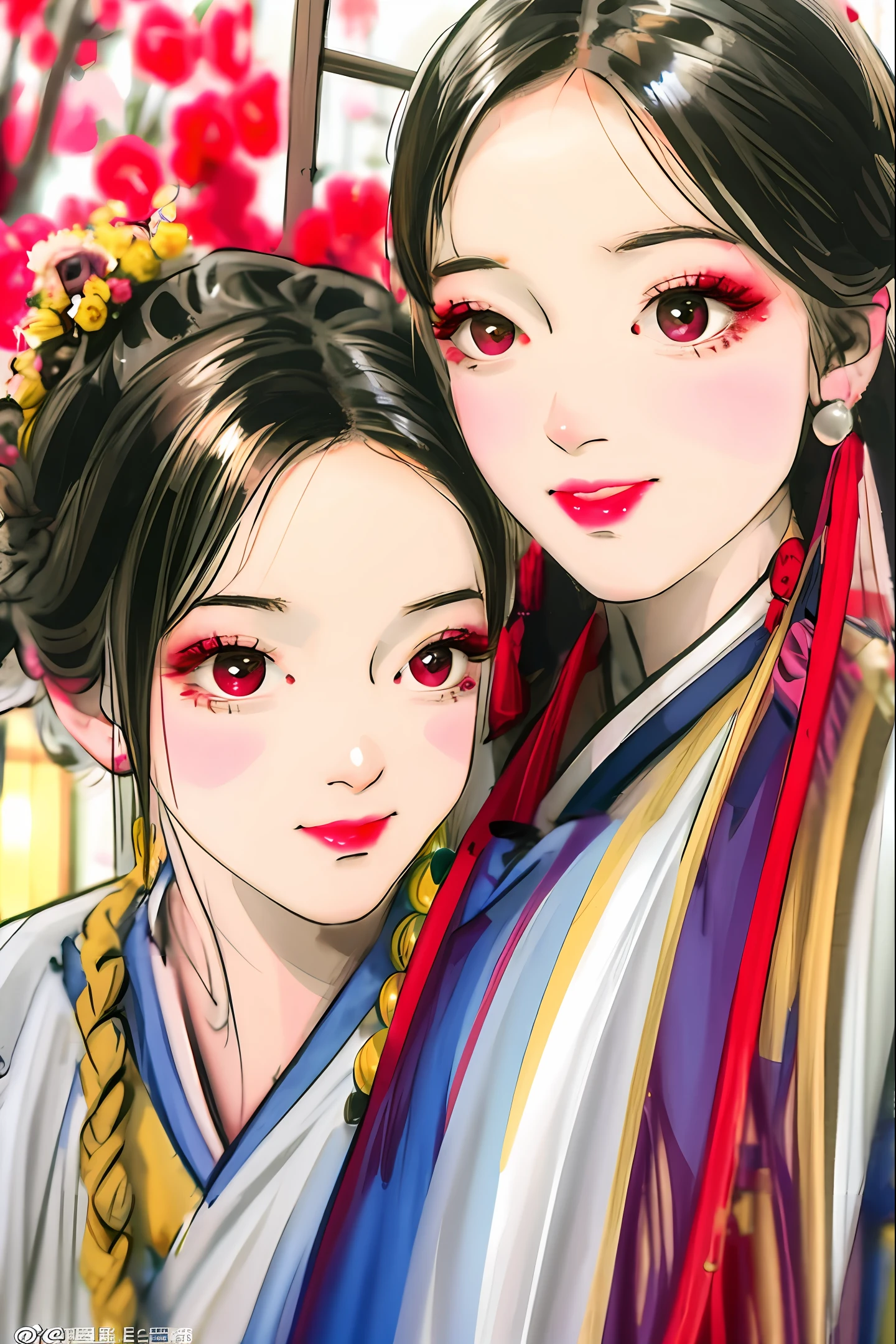 best quality, masterpiece,Upper body, Attic, theatre stage,1 girl, mature woman, chinese style, ancient china, sister, dancer, smile, black hairr, princess cut, a Fried Dough Twists braid, coiled hair, double ball head,streamers, light pink lips, calm, intellectual, red eyes, tassels, silver thread, beads, flowers, gowns, capes, silk skirts, embroidery, fine face, facial close-up, hand close-up,Colorful clothes,Beautiful face,photorealistic, rim lighting, two tone lighting,(high detailed skin:1.2), 8k uhd, dslr, soft lighting, high quality, volumetric lighting, Photograph, high resolution, 4k, 8k, Bokeh