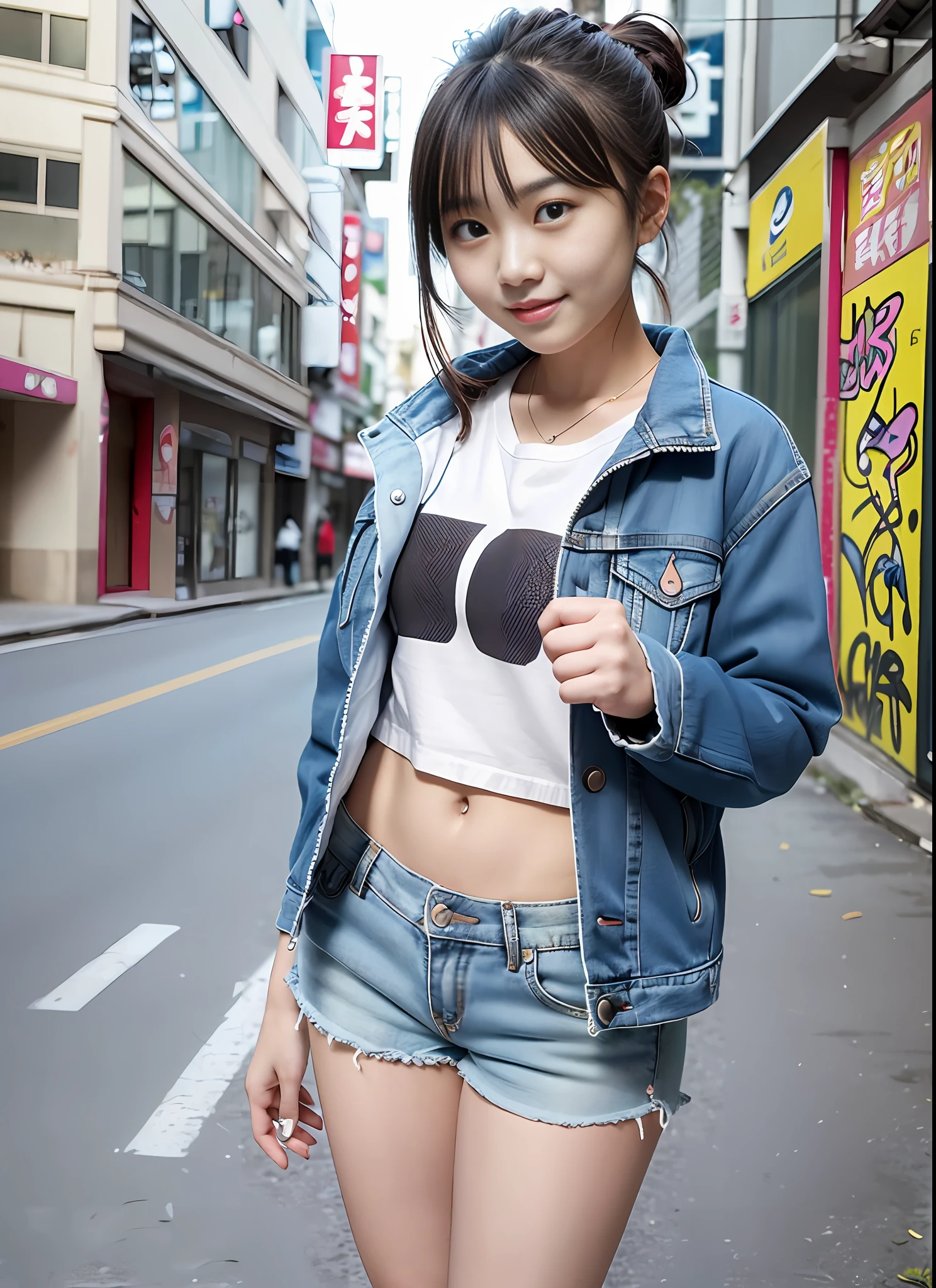 Asian girl in blue jacket and shorts poses on skateboard, Young Asian Girl, Young Pretty Gravure Idol, Young skinny gravure idol, Young Gravure Idol, young cute wan asian face, graffiti in the background, portrait of a japanese teen, playful grin, a young asian woman, Young Asian Woman, Young Sensual Gravure Idol, Chinese girl