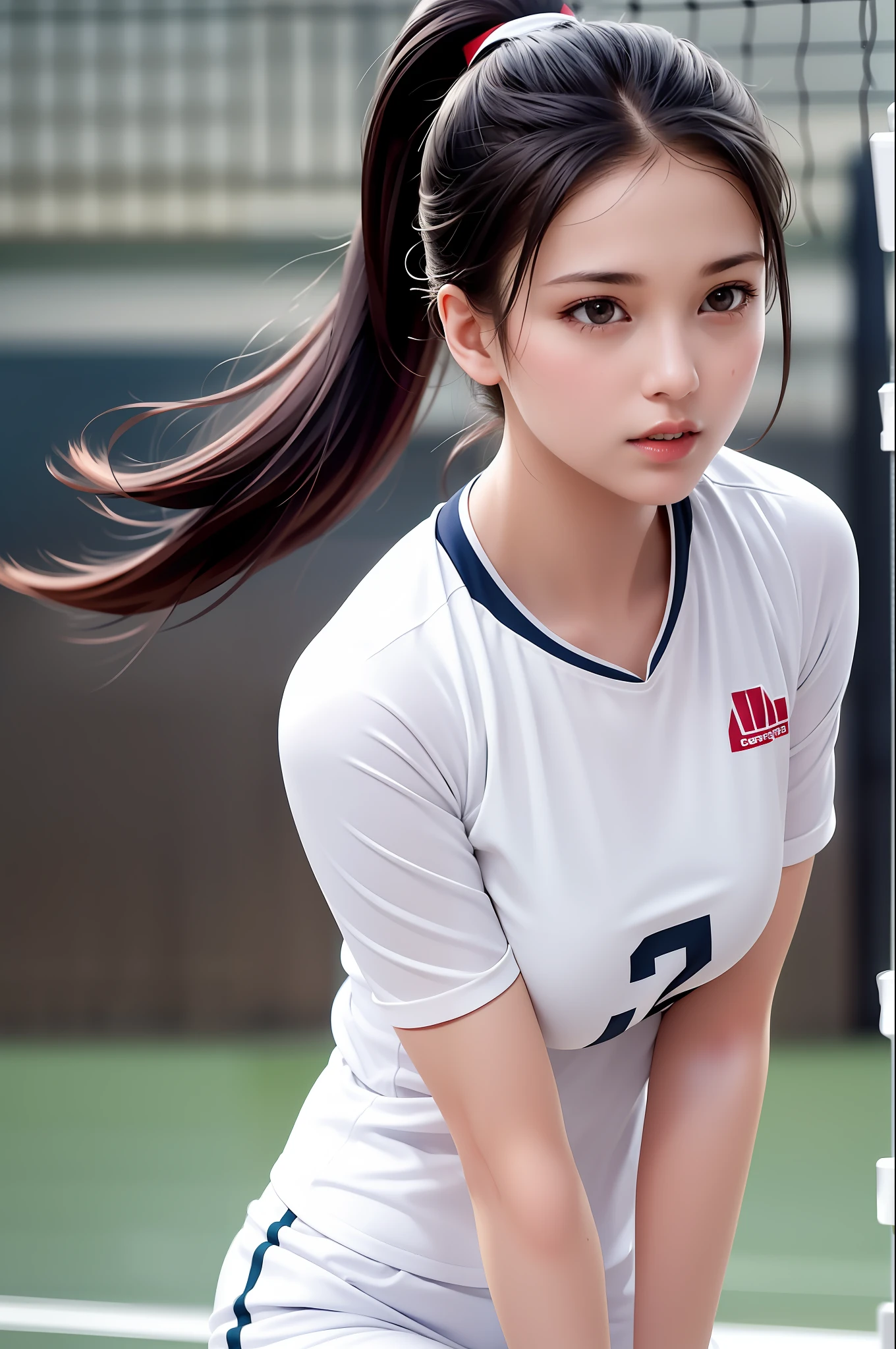 masterpiece:1.2, best quality), realistic, (real picture, intricate details, depth of field),
 (1girl, solo), make up, parted lips, highly-detailed, perfect face, (medium breasts:1.4), small waist, tall, 
glossy coral lips, red hairs, red eyes, ponytail, (A girl playing volleyball, white volleyball uniform),
 (sweating:1.2), (wet), sexy, blushing,