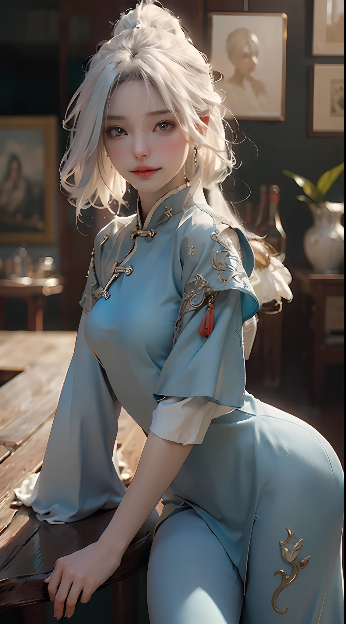 tmasterpiece，Best quality，(the detail:1.4), Make friends with Chinese dragons，intriguing，cheerfulness，Charming，brightly，drak，Close-up of a woman with white hair，Belle peinture de personnage，Guviz-style artwork，White-haired god，Epic and beautiful character art，Stunning character art，Ray traching,NVIDIA RTX,Hyper-Resolution,Unreal 5,Subsurface scattering、PBR Texture、post-proces、Anisotropy Filtering、depth of fields、maximum definition and sharpness、The costumes and facial expressions of the characters are very detailed，Displays a detailed description，Many-Layer Textures、Albedo e mapas Speculares、Surface coloring、Accurate simulation of light-material interactions、perfectly proportions、rendering by octane、Two-colored light、largeaperture、Low ISO、White balance、the rule of thirds、8K raw data