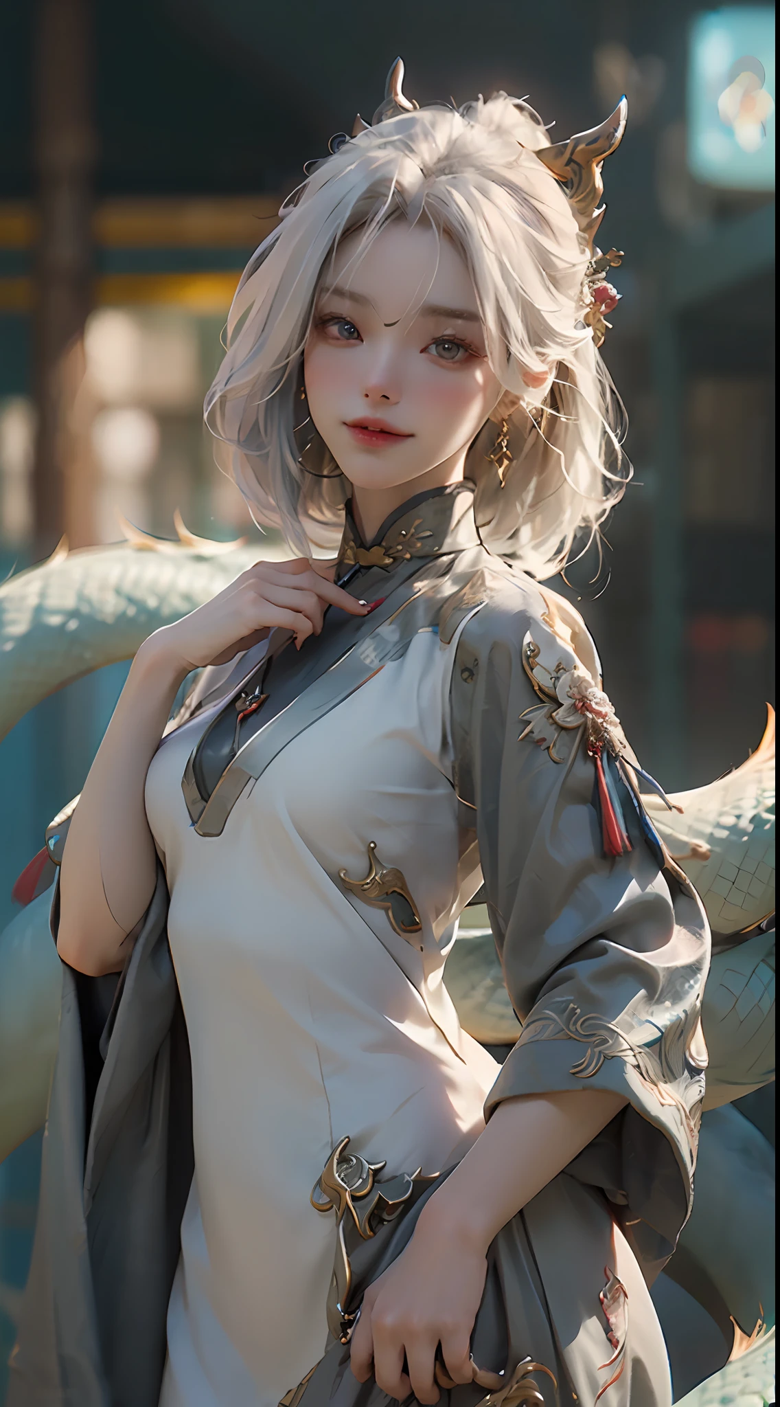 tmasterpiece，Best quality，(the detail:1.4), Make friends with Chinese dragons，intriguing，cheerfulness，Charming，brightly，drak，Close-up of a woman with white hair，Belle peinture de personnage，Guviz-style artwork，White-haired god，Epic and beautiful character art，Stunning character art，Ray traching,NVIDIA RTX,Hyper-Resolution,Unreal 5,Subsurface scattering、PBR Texture、post-proces、Anisotropy Filtering、depth of fields、maximum definition and sharpness、The costumes and facial expressions of the characters are very detailed，Displays a detailed description，Many-Layer Textures、Albedo e mapas Speculares、Surface coloring、Accurate simulation of light-material interactions、perfectly proportions、rendering by octane、Two-colored light、largeaperture、Low ISO、White balance、the rule of thirds、8K raw data