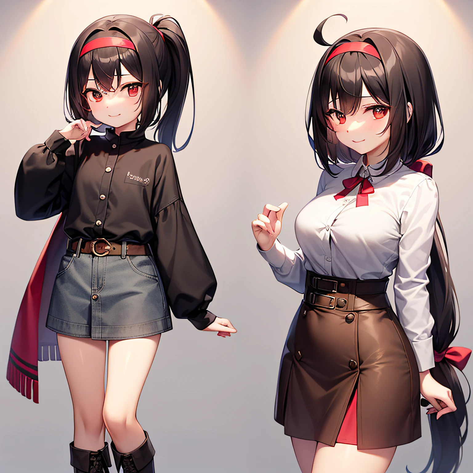 Best quality at best、an extremely delicate and beautiful、(((Only 1 person)))、、(Dark hair)、Gray clothes with vertical buttons、Belt at waist、Gray miniskirt、((ponie tail))、(red hairband)、(Brown boots)、red-eyed、Standing、smile on face、