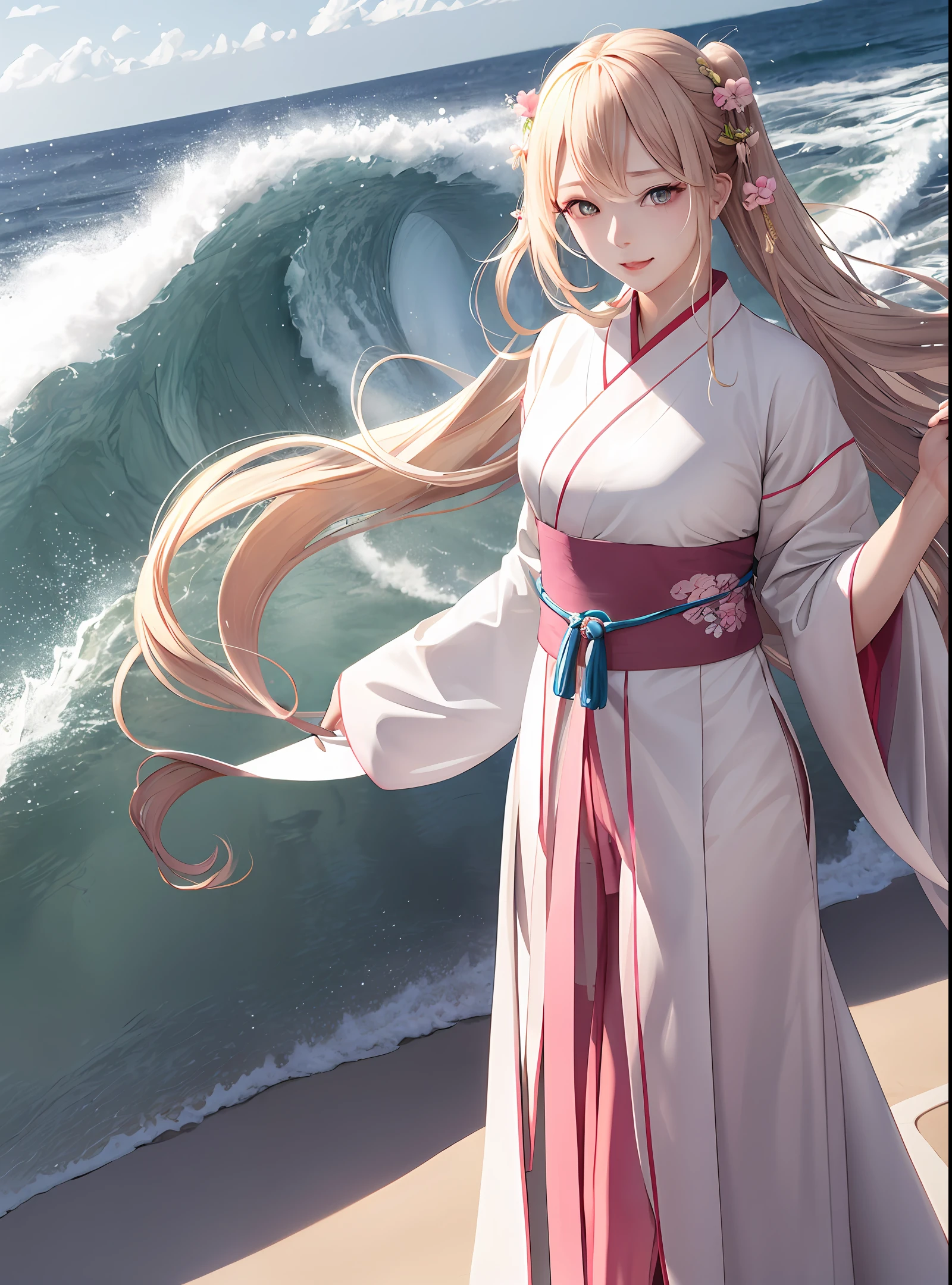 Light yellow long hair, big waves, pink pupils, five tubes, delicate and beautiful, wearing Hanfu, gentle wind