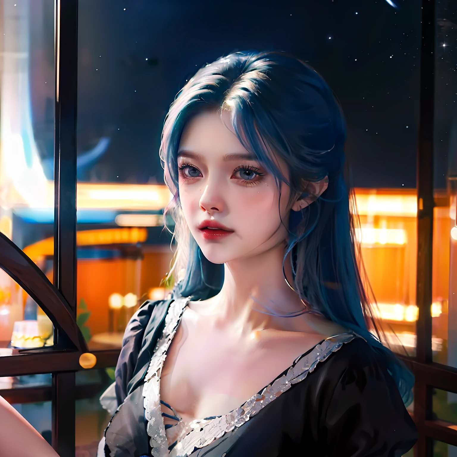 (Masterpiece):1 maid,looking to the camera， high definition detail,Elegant posture，Gazebo scene blessing,Stunning picture quality，blue hairs，Long black legs，White-colored skin，Overlooking，starrysky