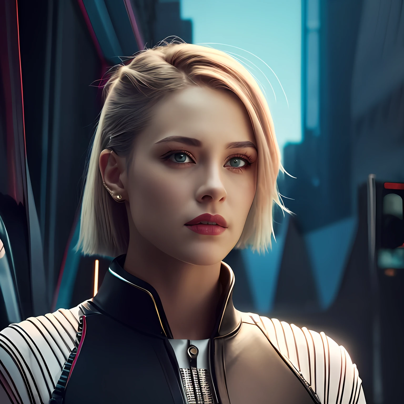 girl, realistic, beatifull, better fit the eyes, slightly enlarge the eyes, beautify the face, 4k -- v 4, Blonde woman with blue eyes and a black jacket standing in a city, filme ainda de um ciborgue legal, estilo cyberpunk hiper-realista, Retrato VFX altamente detalhado, 8k portrait render, Retrato de uma mulher sci - fi, Ciborgue - Menina com cabelo prateado, modelo bonito da mulher cyberpunk, Atraente Sci - Fi-Face, estilo cyberpunk , hiper-realista, O retrato da menina cyberpunk