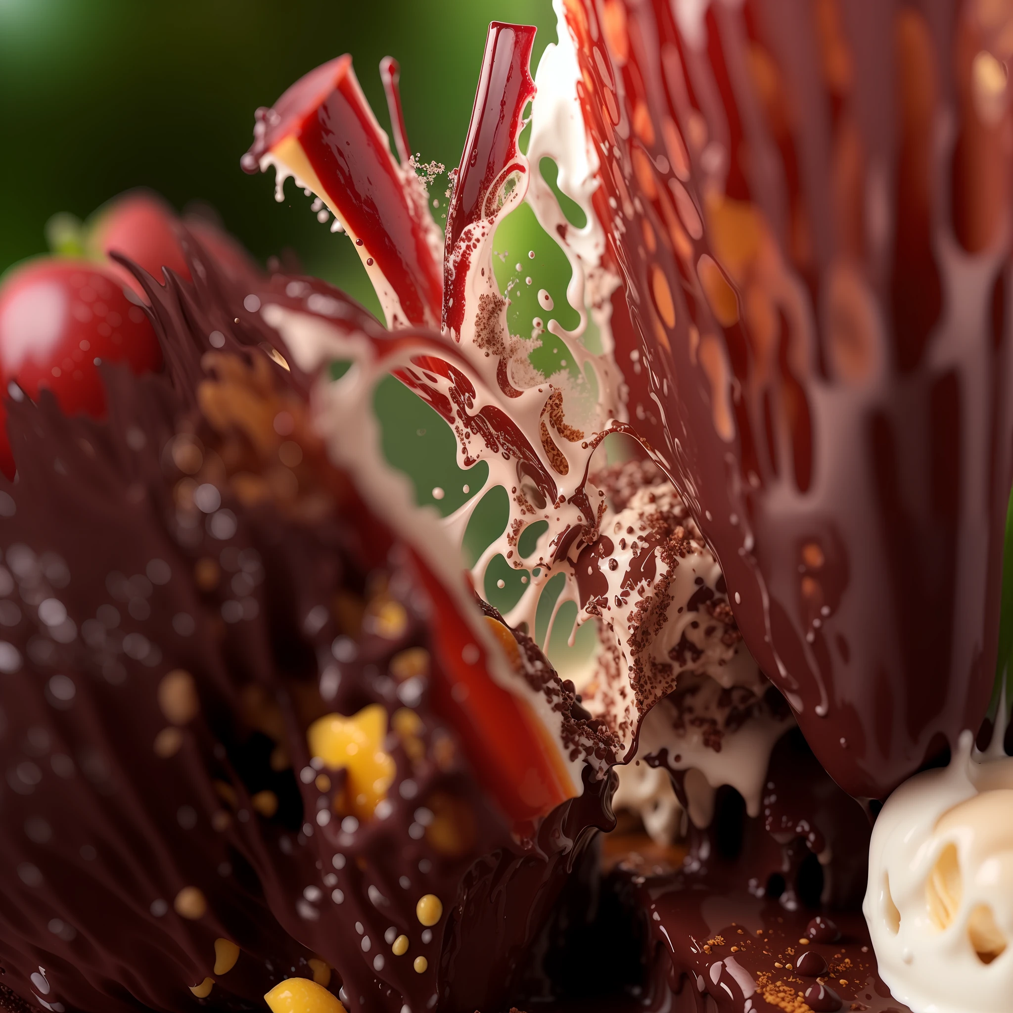 explosion of fruits and dark chocolate ice-cream, High detail, Very realistic, Bright environment