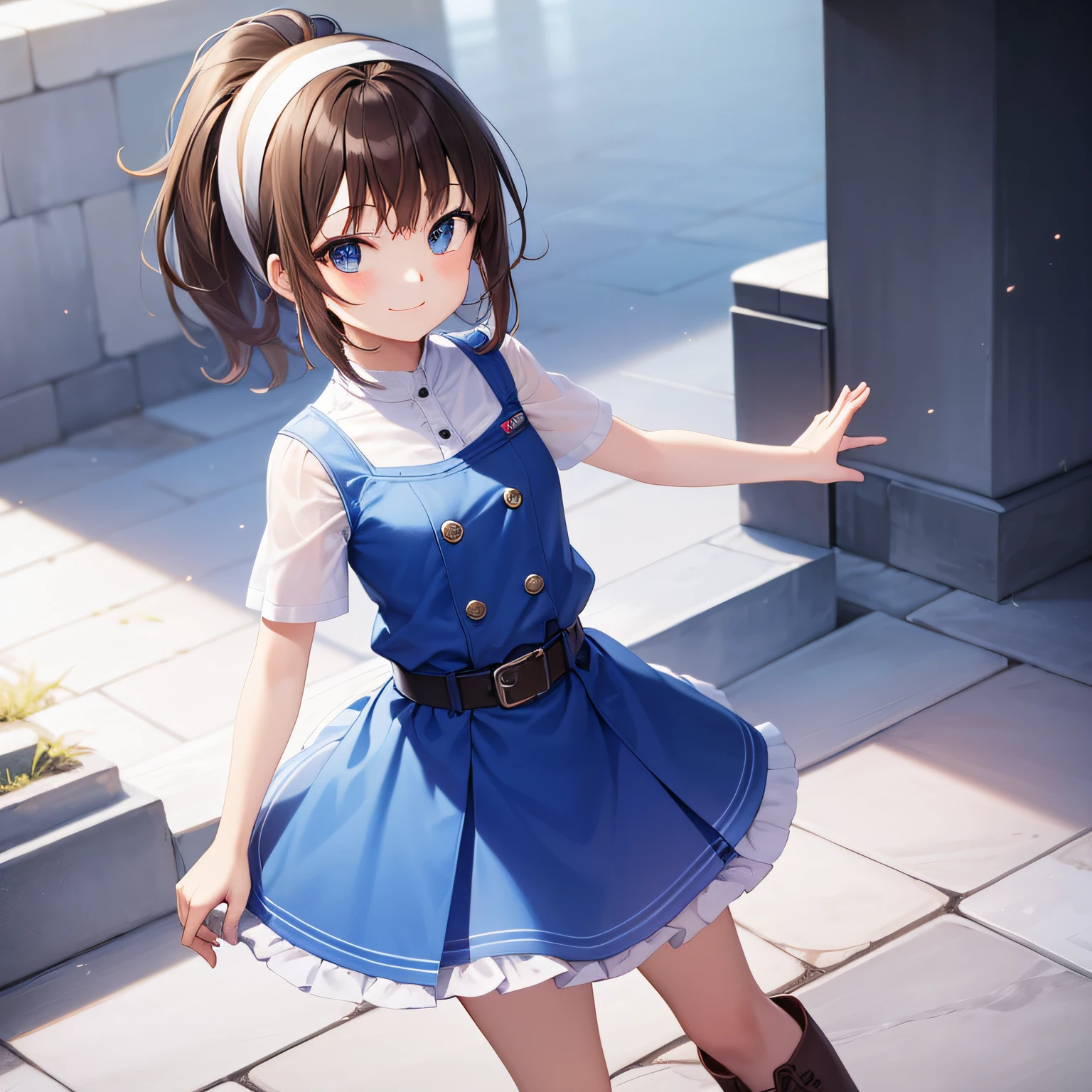 Top quality, very delicate and beautiful, girl, 11 years old, (dark brown hair), blue clothes with vertical buttons, belt at the waist, white skirt, (ponytail)), (white hair band), (brown boots), blue eyes, standing, smile