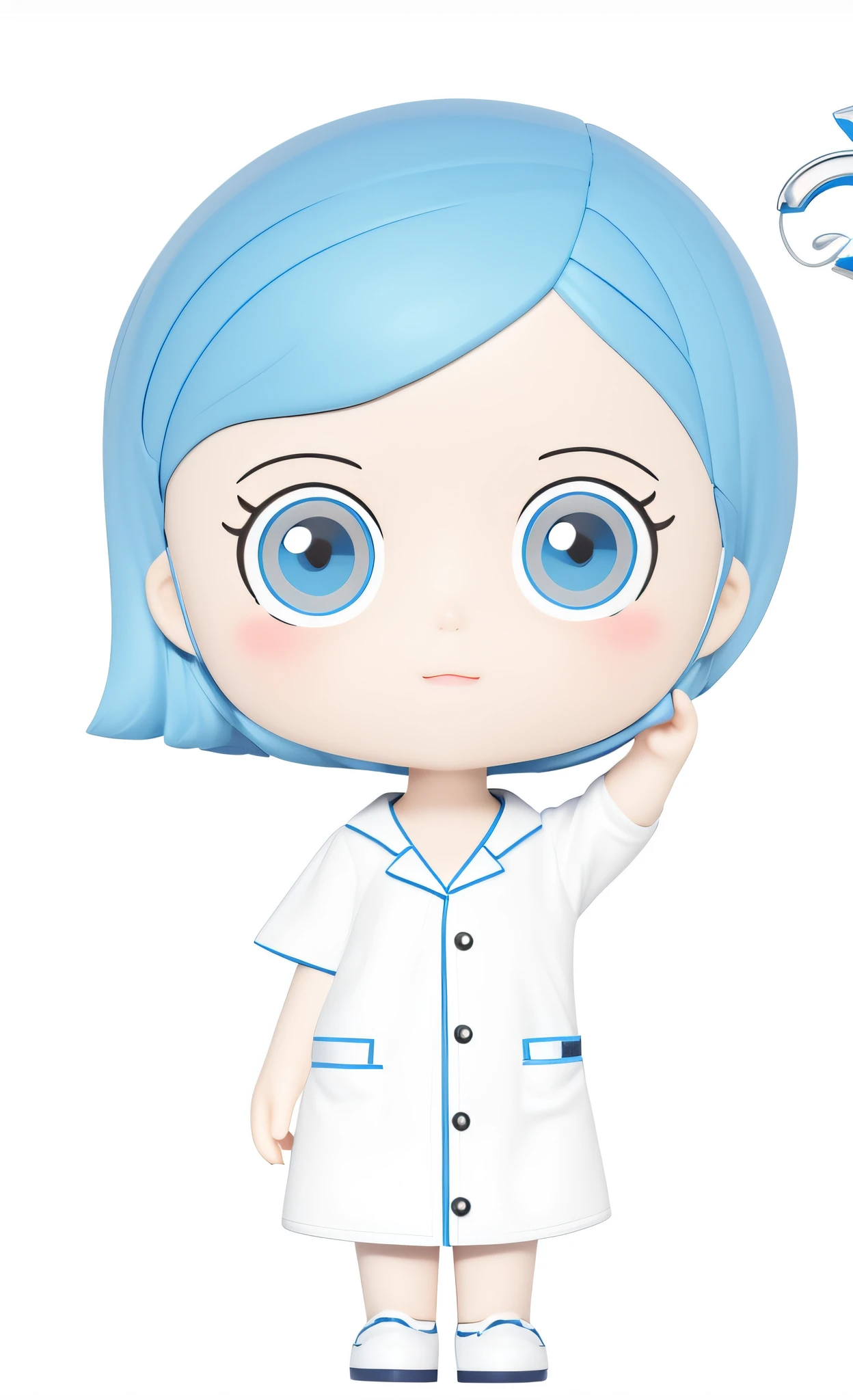 A girl with，Blue eyes，Blue hair，short detailed hair，no headwear，（Touch your head with a right-hand gesture）White doctor white coat clothes，（beatiful detailed eyes），（Beautiful detailed face），（clean backdrop：1.1），brightly，Background with，Disney style，Fine gloss，Dreamlike，adolable，pop-mart的lp，high detal，Ultra high quality，Bright colors，Mock-up blind box toy，3Drenderingof，oc rendered，C4D，best qualtiy，8K，brightly，forward light，Face shot，Fine gloss、Ultra detox，（full bodyesbian：1.3） --auto --s2