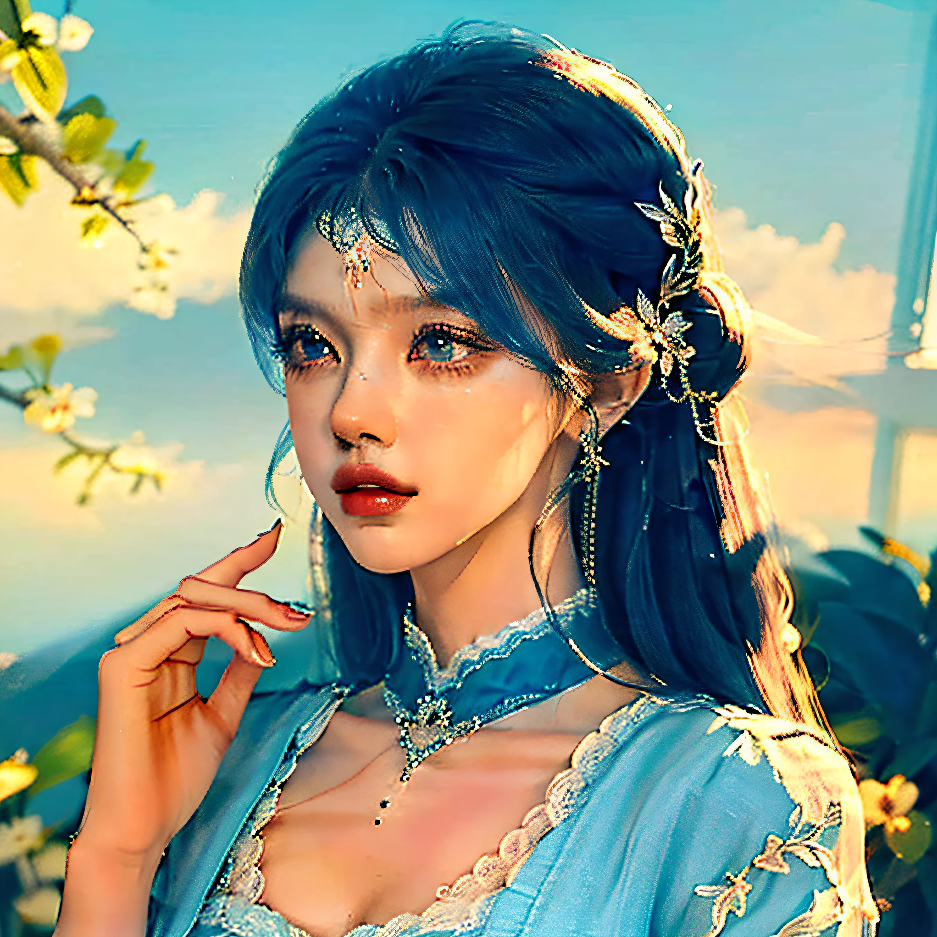 (Masterpiece):1 maid,looking to the camera, high definition detail,Elegant posture,Gazebo scene blessing,Stunning picture quality,blue hairs,Long black legs,White-colored skin,Overlooking,blue-sky,