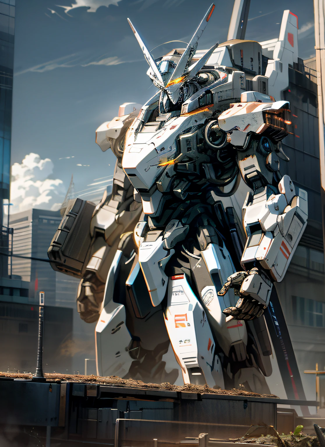 sky, cloud, holding_weapon, no_humans, glowing, , robot, building, glowing_eyes, mecha, science_fiction, city, realistic,mecha