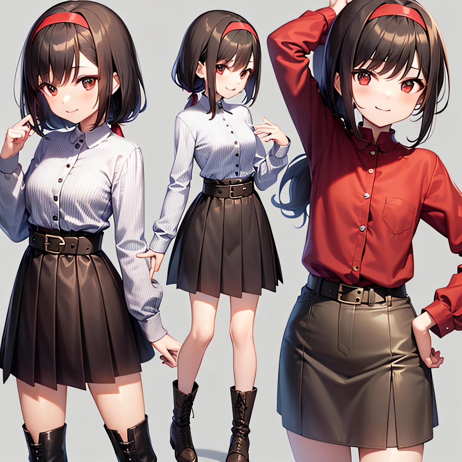 top-quality、extremely delicate and beautiful、(((Only 1 person)))、11 year old、(Dark hair)、Gray clothes with vertical buttons、Belt at waist、grey miniskirt、((poneyTail))、(red hairband)、(Brown boots)、Red-eyed、Standing、a smile、