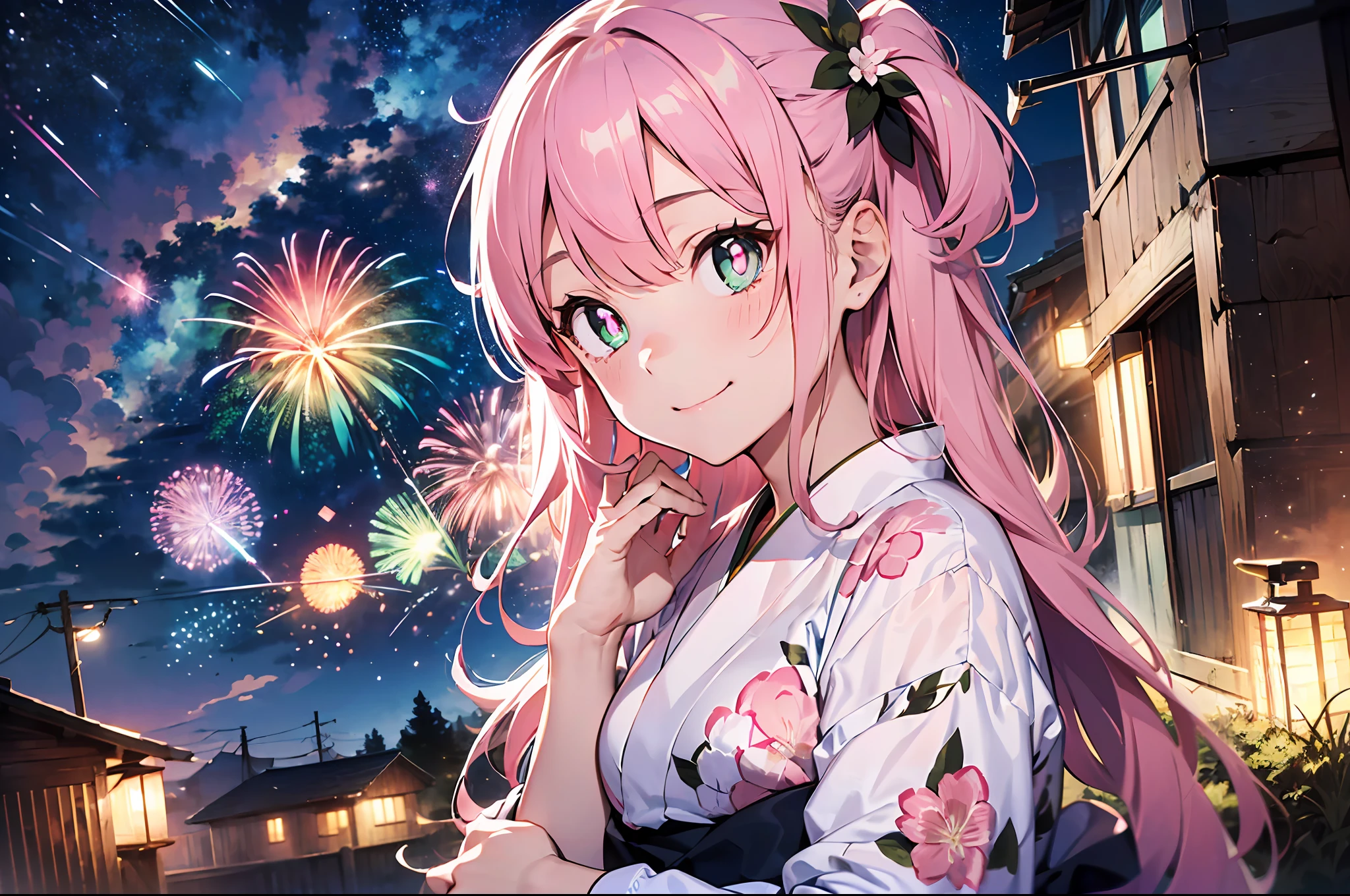 sparklers:2、skyrocket、Fireworks in full bloom、nigh sky(((masutepiece))),((ultra-detailliert,Best Quality, hight resolution, 8K Wallpaper, Beautiful clothes,)),fullllbody,Fulll body Shot (1 girl)((Pink hair, Long hair,Straight hair,two side up)) (Green eyes),eyeshadows, eye line,gloweyes, ultradetailed eyes, intricate eyes, Beautiful eyes, ((Glowing pink pupils))18-year-old girl.a smile、Wearing yukata。look up sky