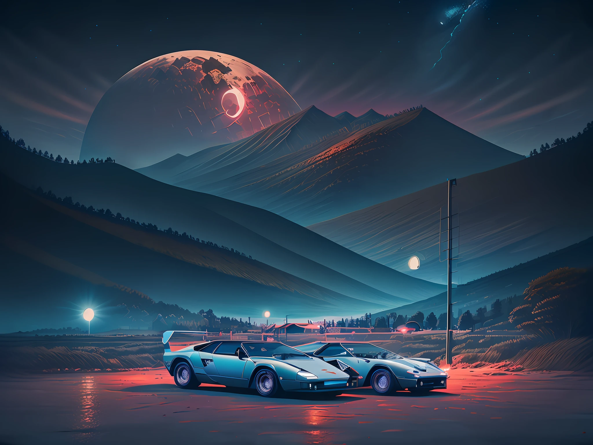 A futuristic lamborghini countach in a parking lot with a mountain in the background, Beeple y Tim Hildebrandt, Beeple y Mike Winkelmann, retrowave epic art, Arstation y Beeple altamente, Beeple y Jean Giraud, Obra maestra Epic Retrowave Art, por Mike "Beeple" Winkelmann