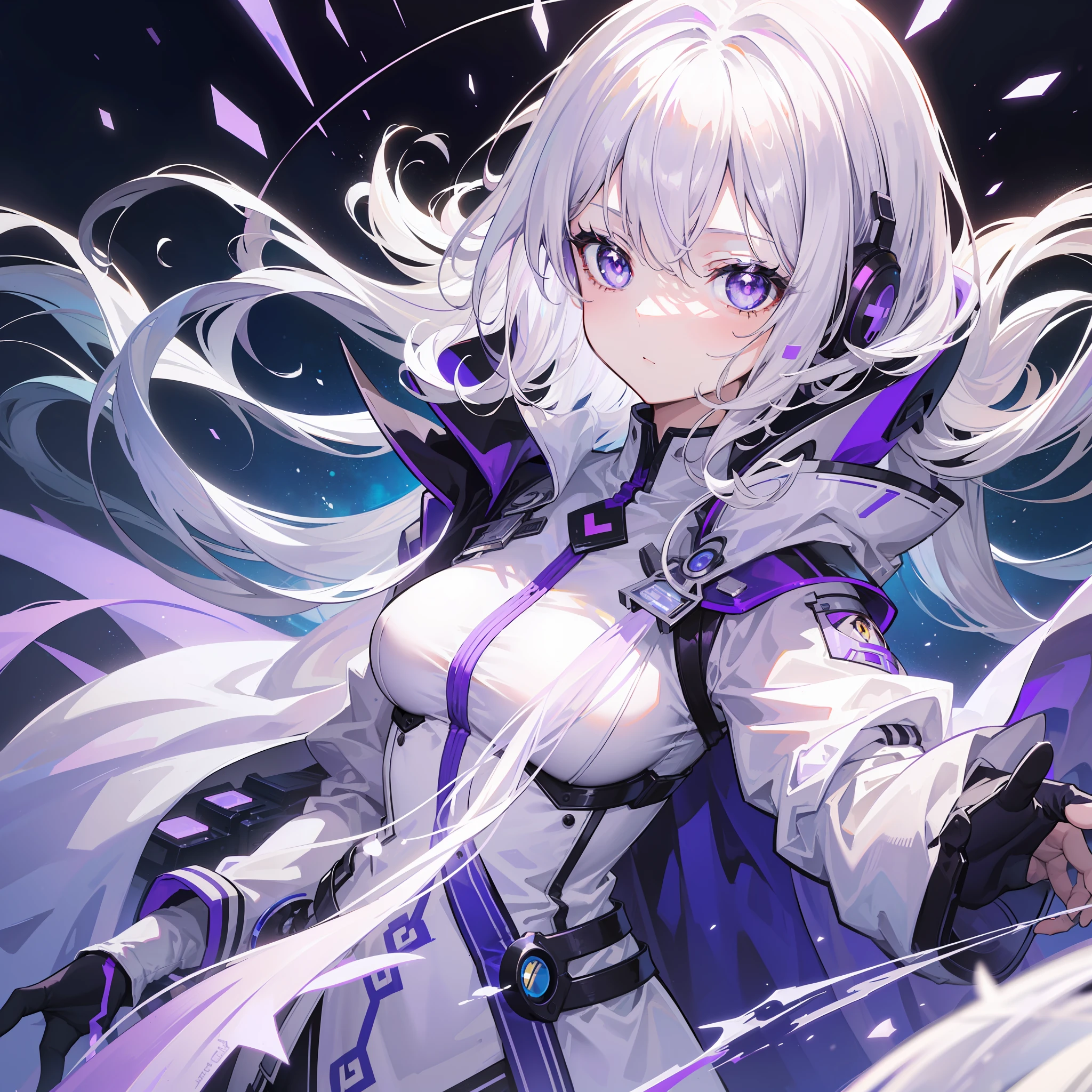 (Best image quality,style of anime,Highlight effect,High image density,8K分辨率)Ray traching,(Brisk sci-fi atmosphere,Elegant mature white-haired girl in white and purple cape,Deep purple pupils)cooperate(Simple sci-fi electronic purple pattern decoration)。