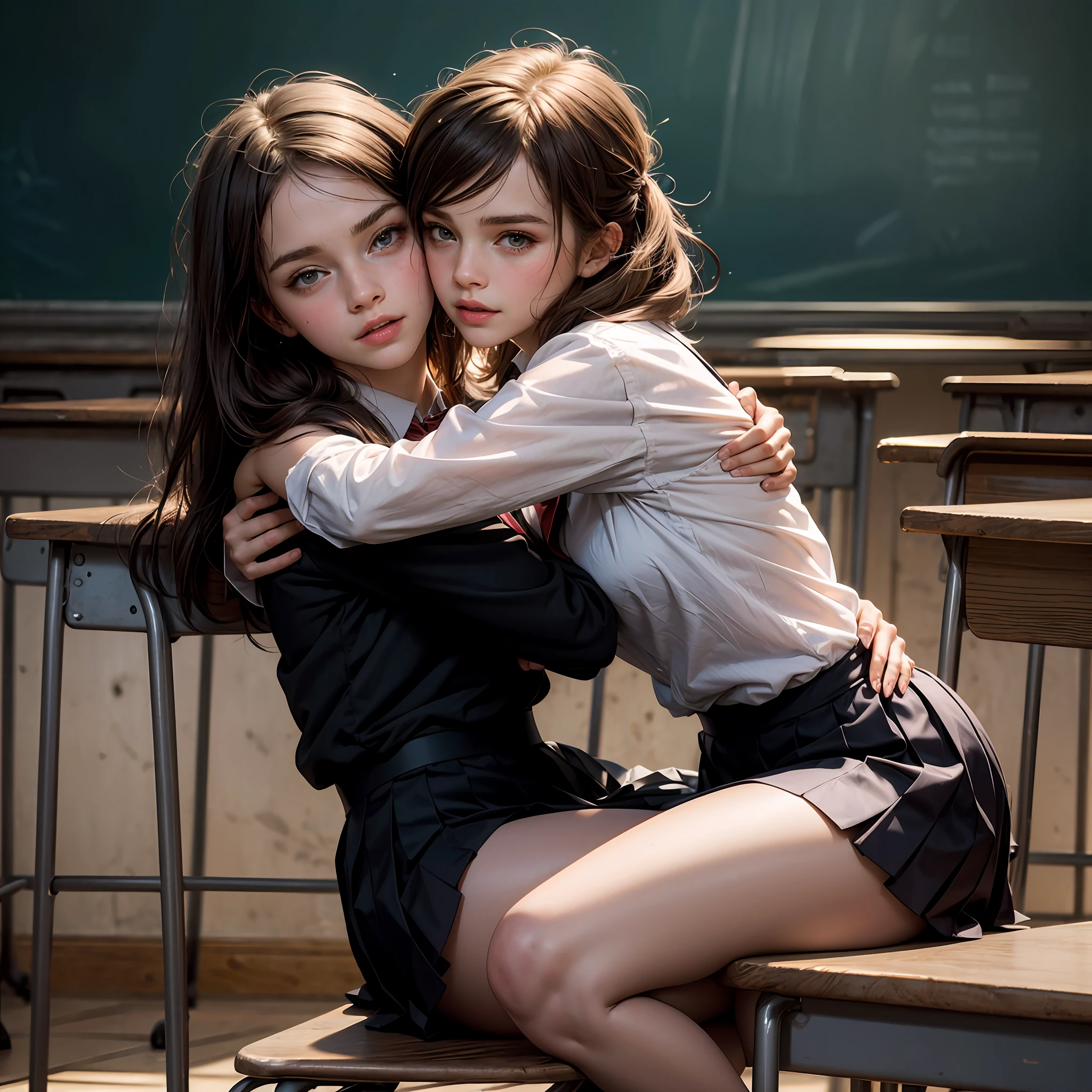 emma watson as a sexy schoolgirl sitting on a fence. tight intricate school uniform. slender body. classroom. day. background blackboard. pleated skirt. bending over the desk. Hugging, kissing each other over the desk. legs open. She is sitting on her face.