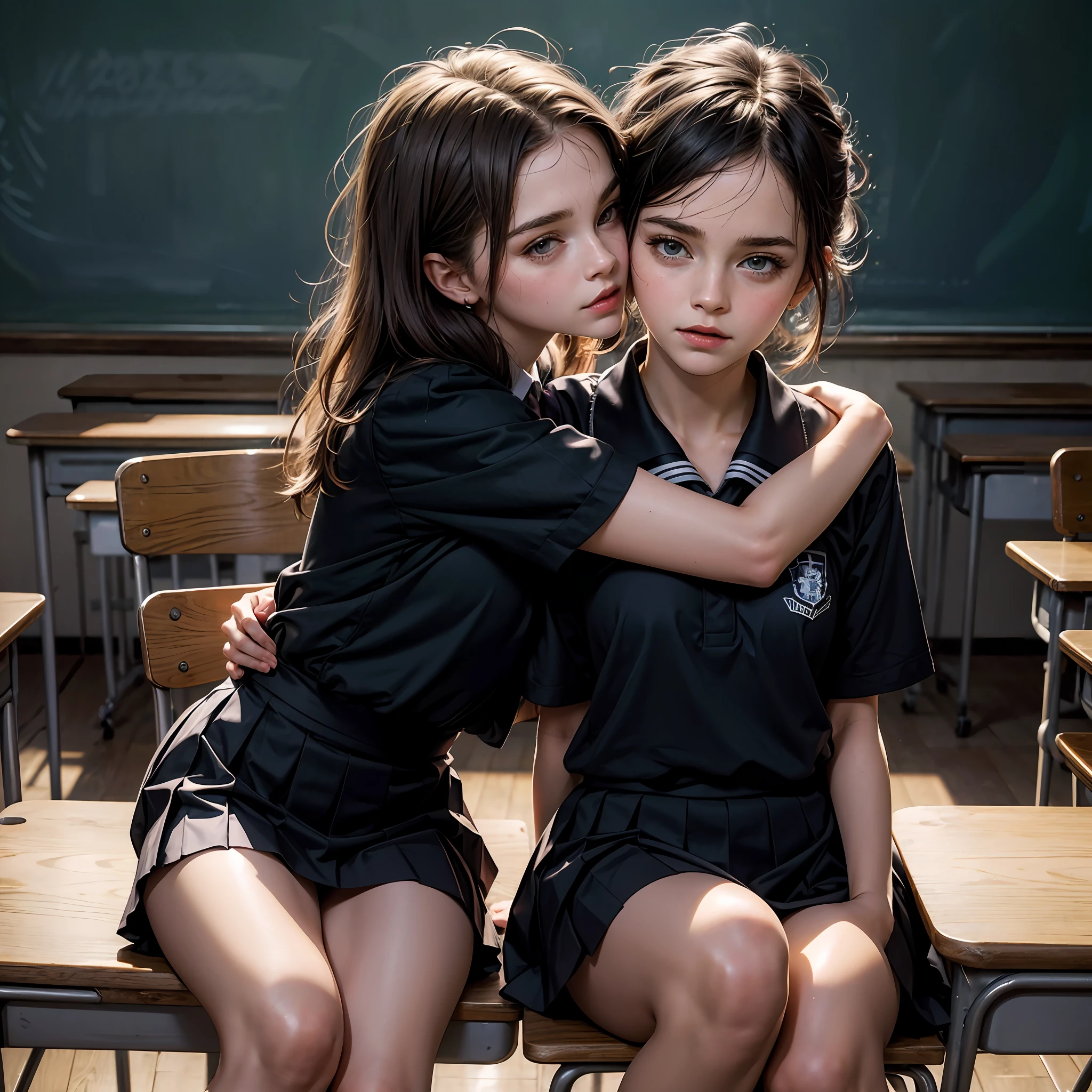 teen emma watson as a sexy schoolgirl sitting on a fence. tight intricate school uniform. slender body. classroom. day. background blackboard. pleated skirt. bending over the desk. Hugging, kissing each other over the desk. legs open. She is sitting on her face.