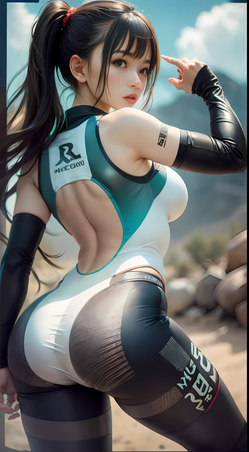 Racing Wear,A desert,(Inspired by the Avengers),pony tails,One-piece unisex trousers,machine girl,Security level,Oversized ass,(8K,photo RAW,Fotorrealista:1,25),(Excessive lip gloss,Very many eyelashes,best qualityer,超高分辨率,depth of fields,color difference,Wide light,natural color,Distant pictures(1:2)