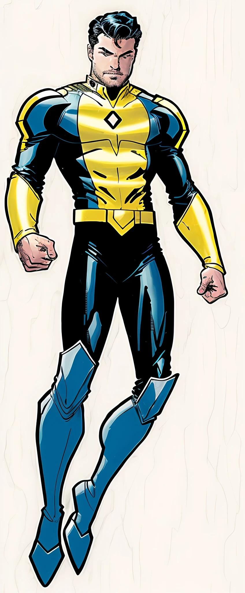 Invincible, close up of a man in a yellow and blue armor, yellow x-man suit, x-man armor, full portrait of invincible, blue and yellow, russell dauterman, x man armor, 90s comic book character design, comic book character, john romita junior, phil jimenez, inspired by John Romita, photo of Grant Gustin with facial hair, shot on dslr camera, clean cut, flowing hair, photorealistic