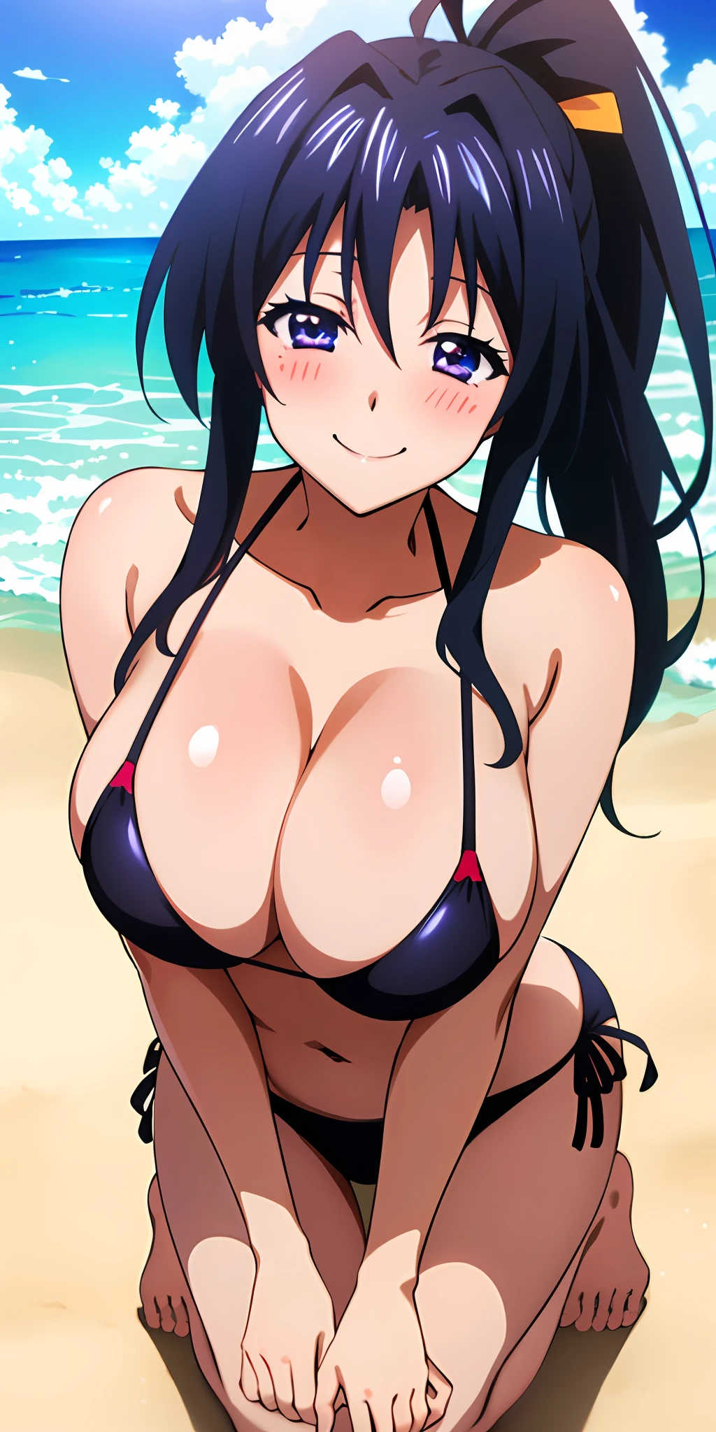 (Best quality:1.3), himejima akeno, black long ponytail, large breasts, bikini, kneeling, (pov, blushing:1.2), smiling, beach