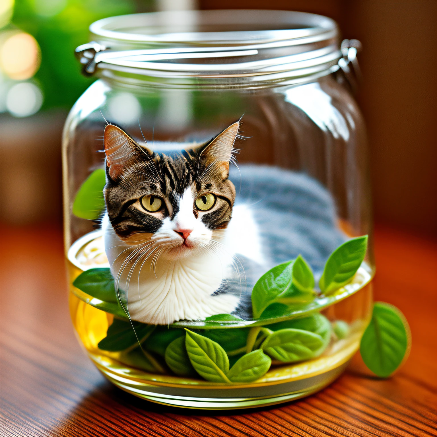 The cat sits in a glass jar