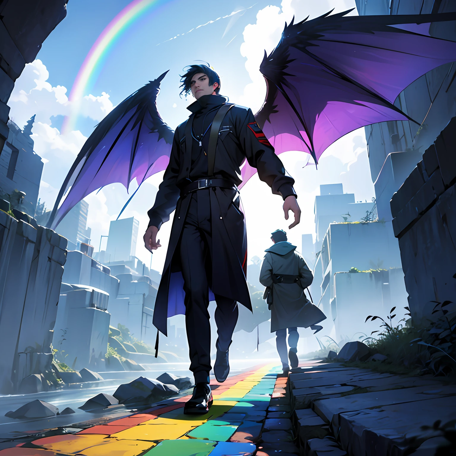 A man with wings steps on a rainbow in the sky and looks at the humans in the dim weather below --auto