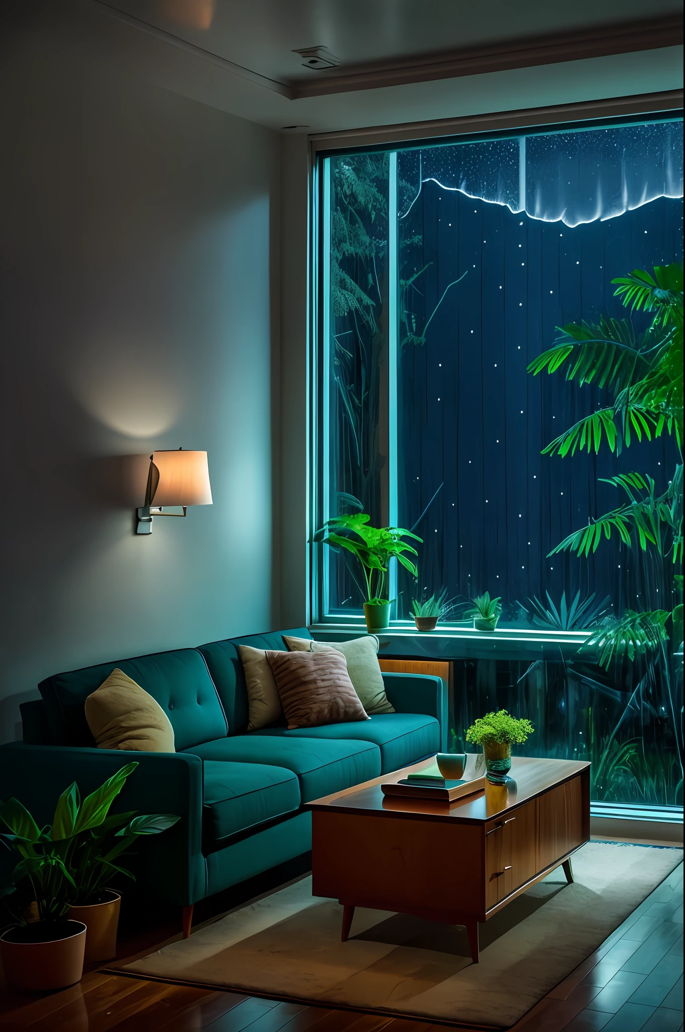 dimly lit mid-century modern living room with dark and rainy night outside, (rainy and foggy night: 1.2), Pacific Northwest, (dim lighting: 1.4), (dim lighting: 1.2), plants, large plants, rainy, monstera, many plants, (foggy windows:1.2), masterpiece, better quality, twilight hour, (night:1.4), Rainy afternoon, after sunset,
