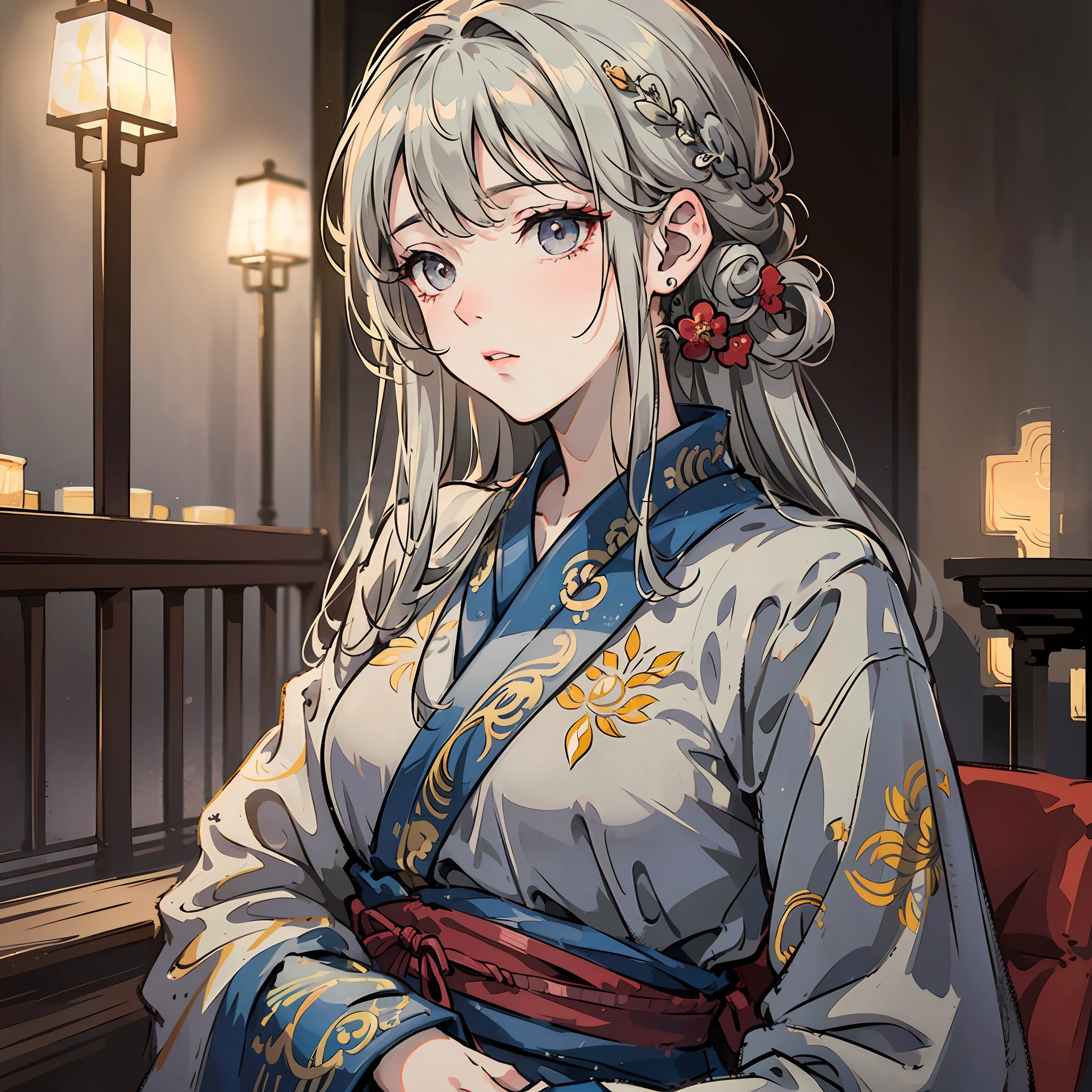 （tmasterpiece，best qualtiy，Mature girl，Gray hair floats，Delicate eyes，Antique Hanfu，High grade depth of field，F1.8 apertures，Dramatic side lighting，Complexscenes）