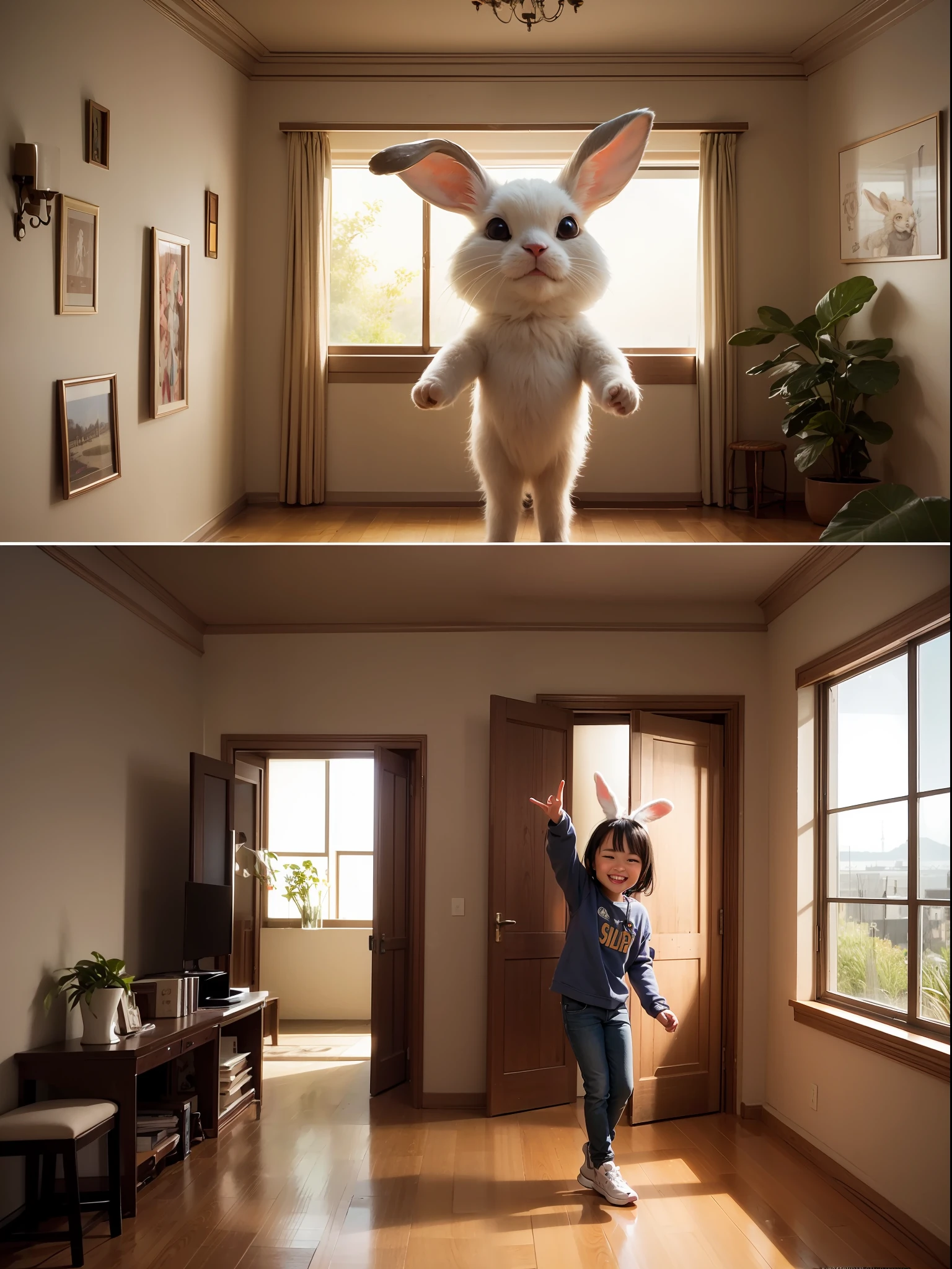 Cute adorable little bunny waving and smiling greeting me, unreal engine, cozy interior lighting, art station, detailed digital painting, cinematic, character design by mark ryden and pixar and hayao miyazaki, unreal 5, daz, hyper realistic, octane render, 3DMDT1