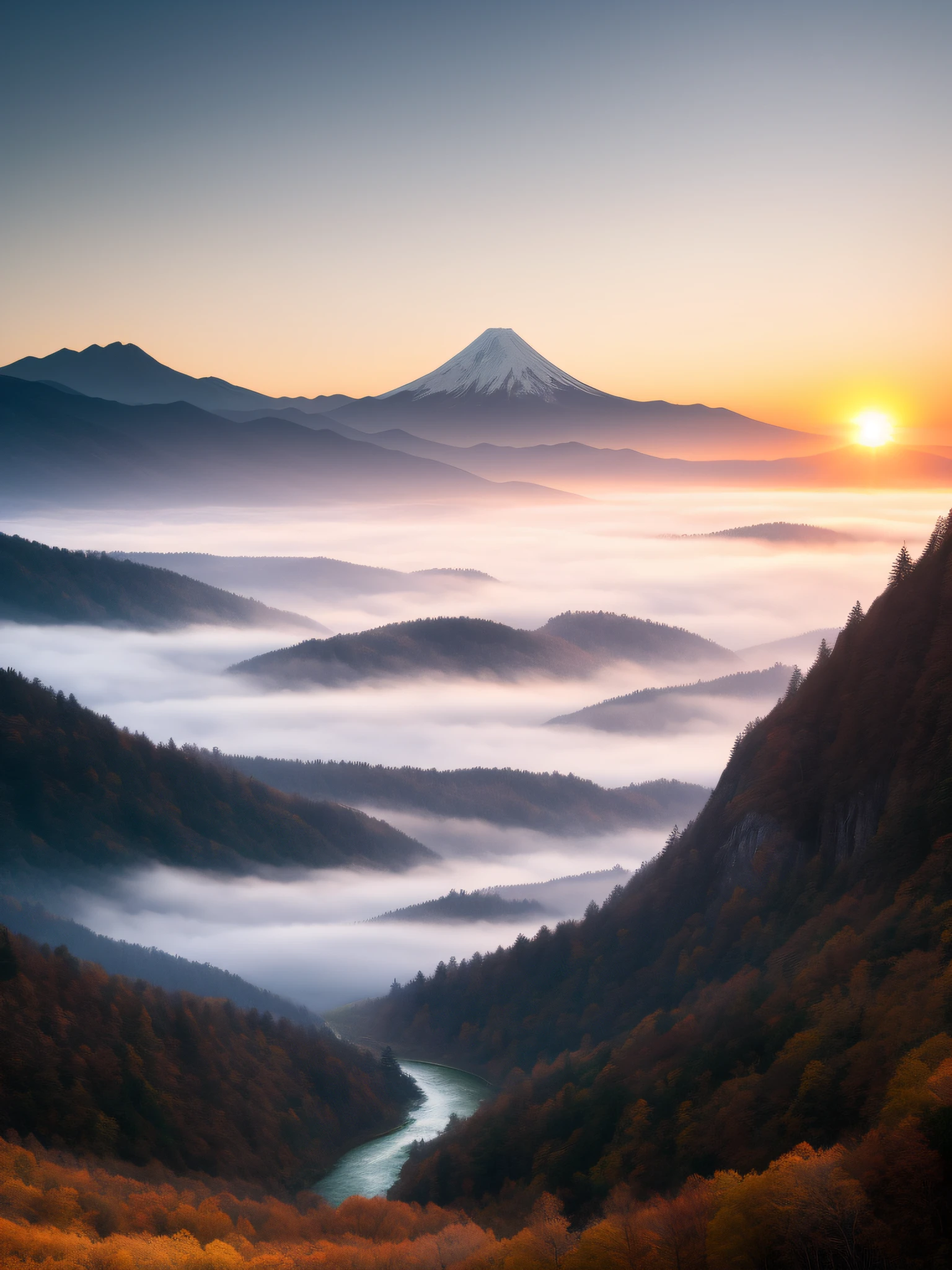 A cinematic scene, detailed photograph from the fictional Oscar-winning historical drama 'The Last Empress'. A breathtaking mountain landscape, with snow-capped peaks reaching towards the sky, a winding river flowing through lush valleys, and a vivid sunset casting warm hues across the scene, capturing the grandeur and tranquility of nature's beauty. The intricate details of the grandeur of the palace create a visually striking image that showcases the film's meticulous attention to historical accuracy that won the Oscar. Photography, using a wide-angle lens (24mm), --ar 16:9 --v 5.1, by Etienne Delessert, ryan dyar, mountain sunrise, an amazing landscape image, by Matthias Weischer, epic sunrise, misty mountains, 5 0 0 px, by Sebastian Spreng, 500px, japan mountains, foggy photo 8 k, marc adamus, blanket of fog