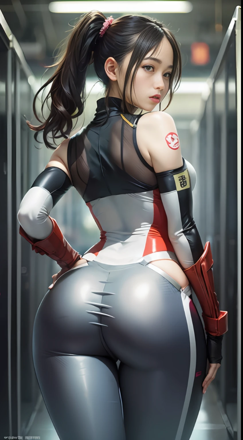 Racing Wear，A desert，（Inspired by the Avengers），pony tails，One-piece unisex trousers，machine girl，Security level，Oversized ass，（8K，photo RAW，Fotorrealista：1，25），（Excessive lip gloss，Very many eyelashes，best qualityer，超高分辨率，depth of fields，color difference，Wide light，natural color，Distant pictures（1：2）