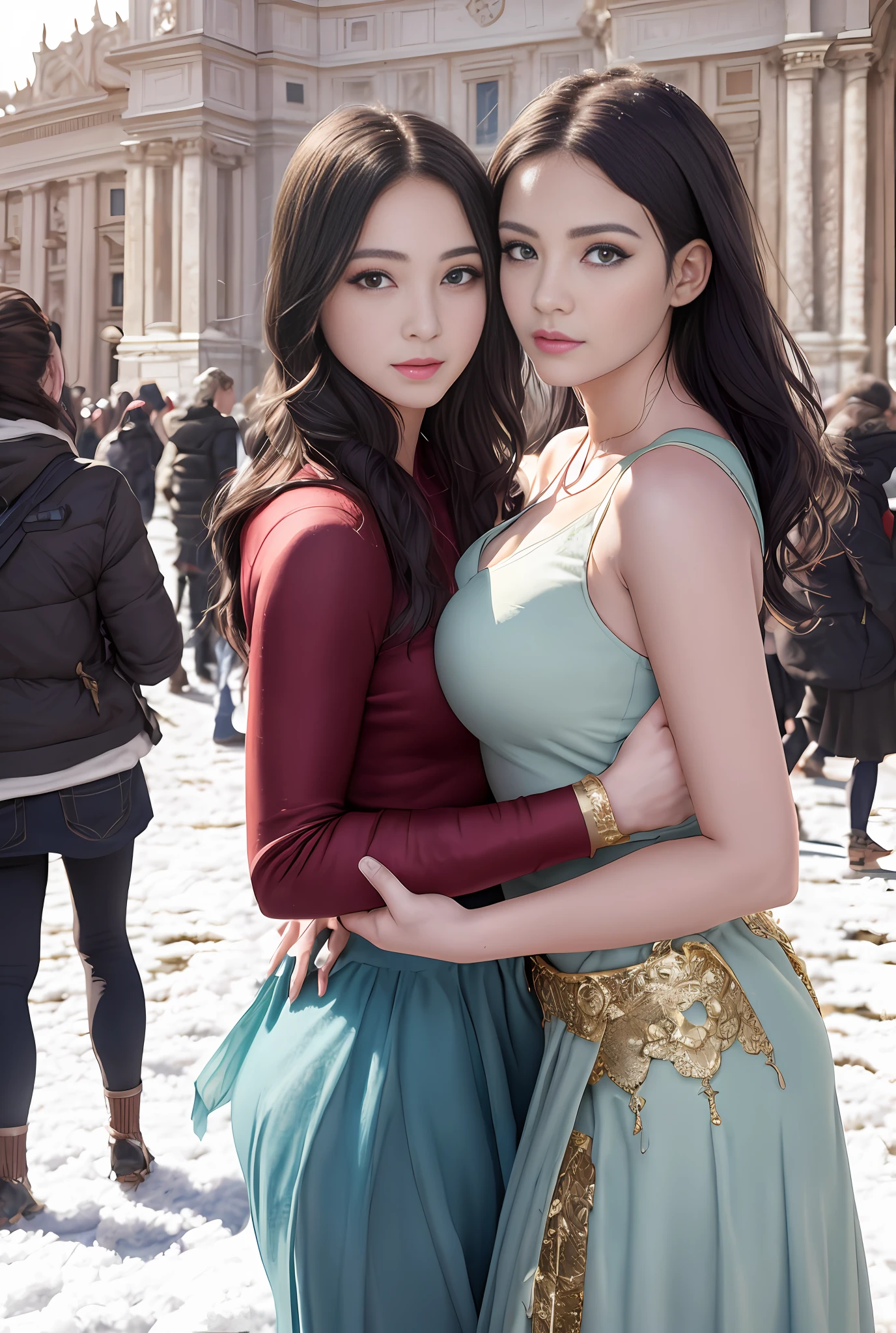 (巨作, Best quality, Realistic),
2girls,duo,winter,Snowy,(on the St. Peter's Square of Vatican,crowd of), sankta. Peter's Square of Vatican background,gypsy dress,(Princess Eyes,shiny pupils),Dancing,  gold, banquet, crowd of, picking up skirt,
[Slight smile],