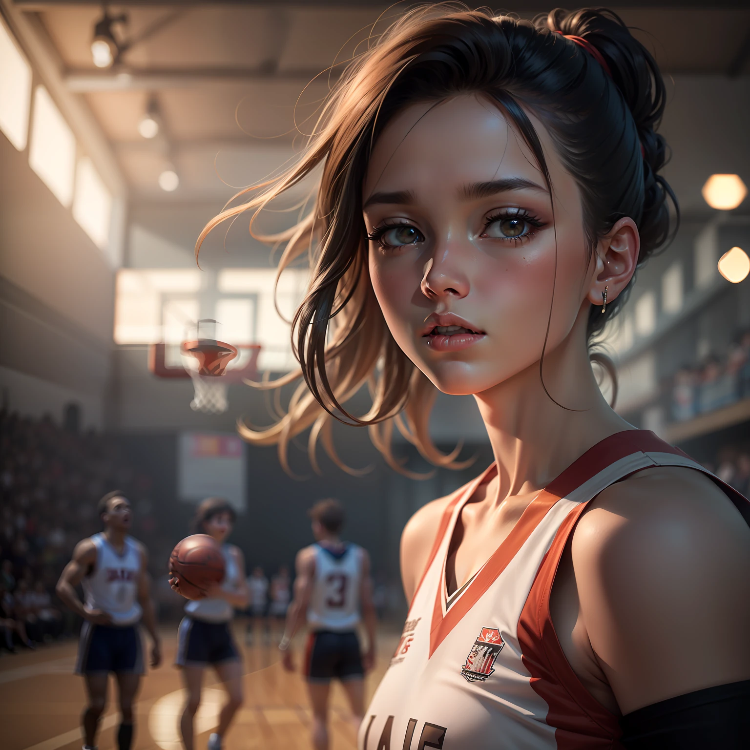 (8k, Best Quality, Masterpiece: 1.2), (Realistic, Realistic: 1.37), Ultra Detailed, Best Quality, Ultra High Resolution, Professional Lighting, Photon Mapping, Radiosity, Physically Based Rendering, Cinematic Lighting, Basketball court, depth of field, clear focus, sunlight, good composition, (bokeh: 1.2) 1girl, solo, (full body), (closed mouth), beautiful and detailed eyes, pose, narrow waist, basketball uniform, black hair , messy hair, long hair blowing in the wind, (ulzzang-6500:1.2) mix4, hiqcgbody