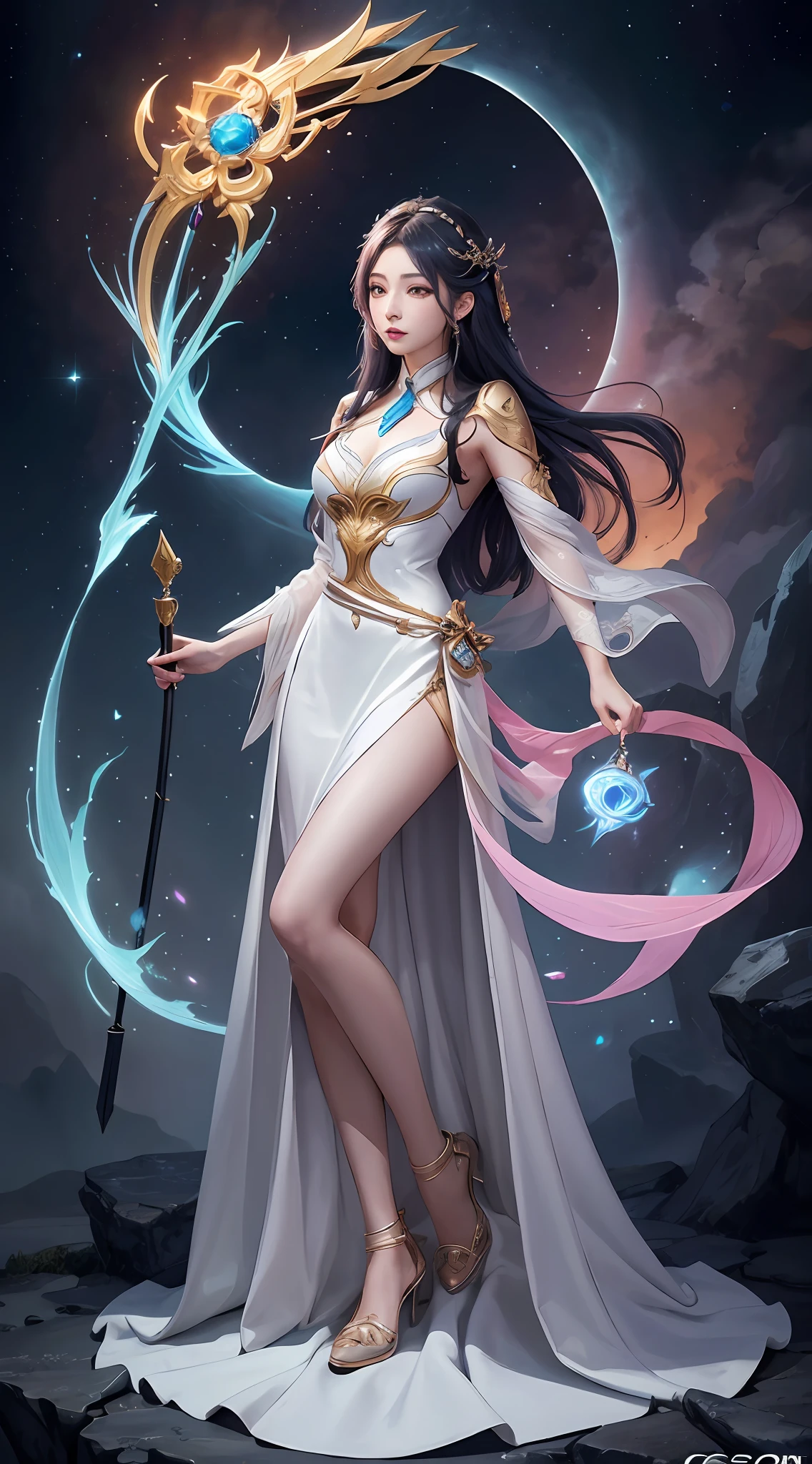 anime - style image of a woman in a white dress with long hair, full body xianxia, goddess. extremely high detail, trending on cgstation, irelia from league of legends, beautiful celestial mage, 8k high quality detailed art, irelia, astral witch clothes, highly detailed exquisite fanart, smooth anime cg art, extremely detailed goddess shot