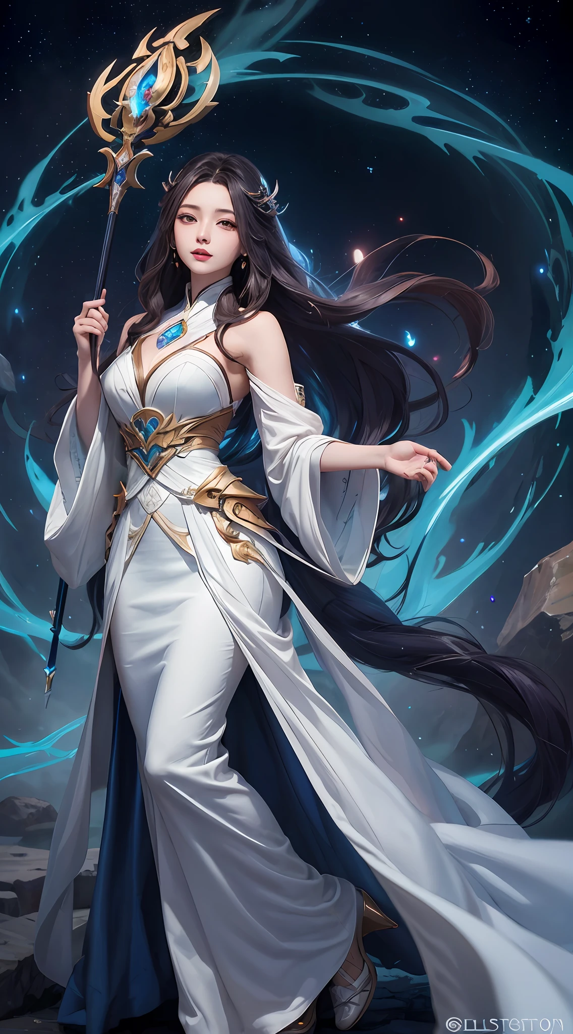 anime - style image of a woman in a white dress with long hair, full body xianxia, goddess. extremely high detail, trending on cgstation, irelia from league of legends, beautiful celestial mage, 8k high quality detailed art, irelia, astral witch clothes, highly detailed exquisite fanart, smooth anime cg art, extremely detailed goddess shot