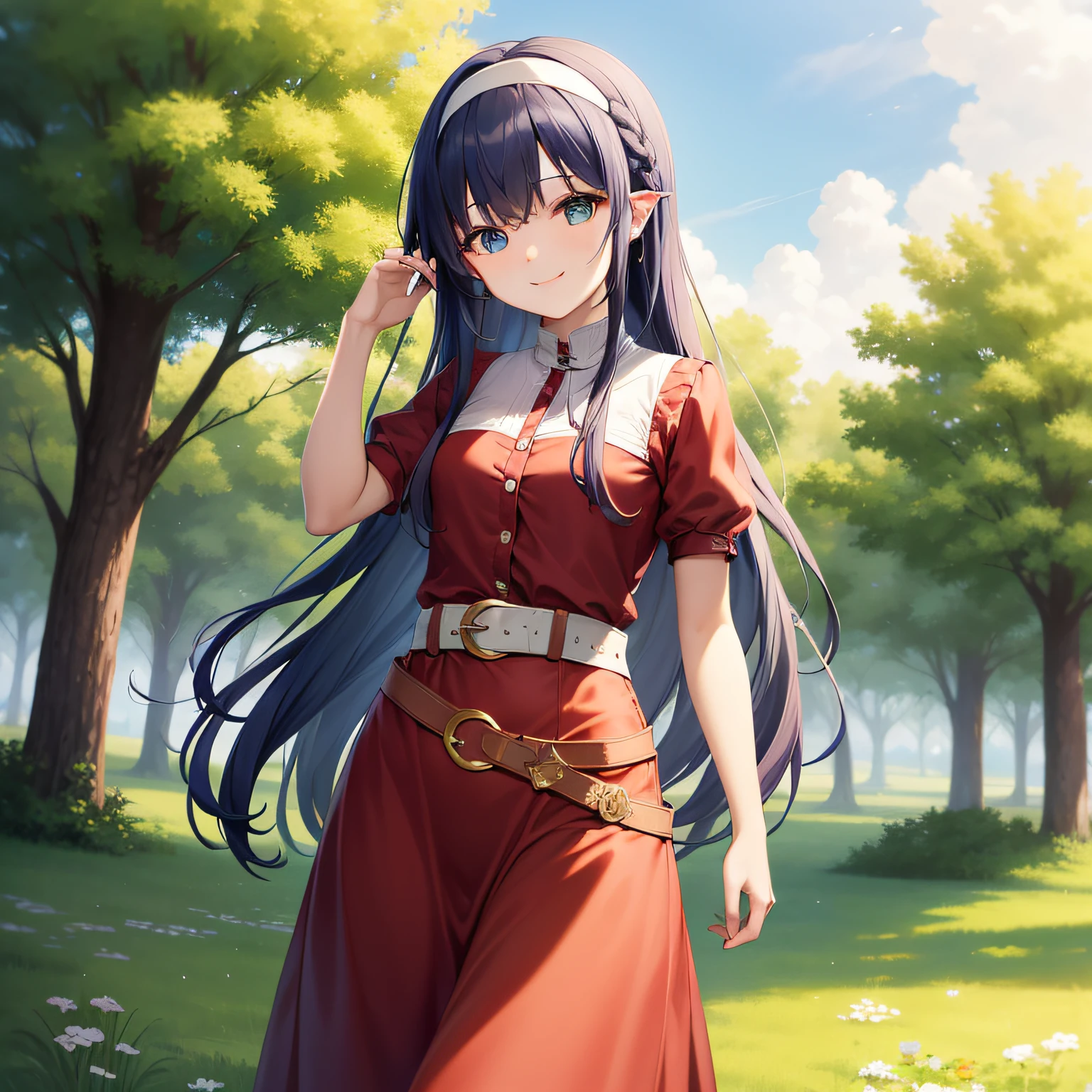Top image quality、extremely delicate and beautiful、Late s、small tits、(Aimei)、Red dress with white vertical button、long red skirt、(Belt at waist)、Female braves、femele、(Soio)、(Blue-haired)、The long-haired、(white hairband)、is standing、a smile、
