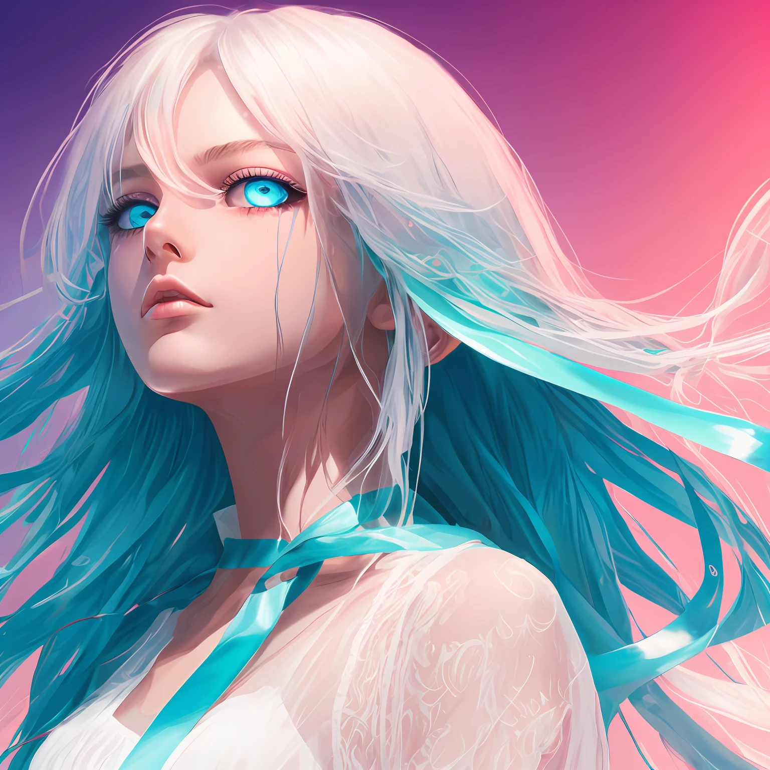 white hair, very long hair, wet hair, ribbon, aqua eyes, gradient eyes, UHD, masterpiece, textured skin, high details, high quality, highres, 16k --auto