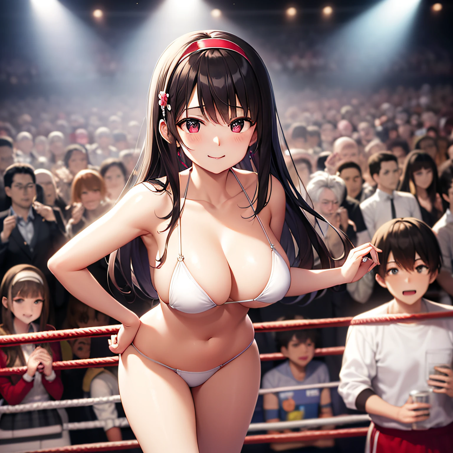 Top image quality、extremely delicate and beautiful、Early 20s、Beautiful breasts、Nice Buddy、Akame、Female braves、femele、(Soio)、(A dark-haired)、The long-haired、(red hairband)、is standing、a smile、White Micro Bikini、(Lower body is white micro bikini)、bangss、professional wrestling、spectator seats、Large number of spectators、Crowd Circle View、is standing、Hands behind your hips、Fighting、a smile、Professional Wrestling Shoes