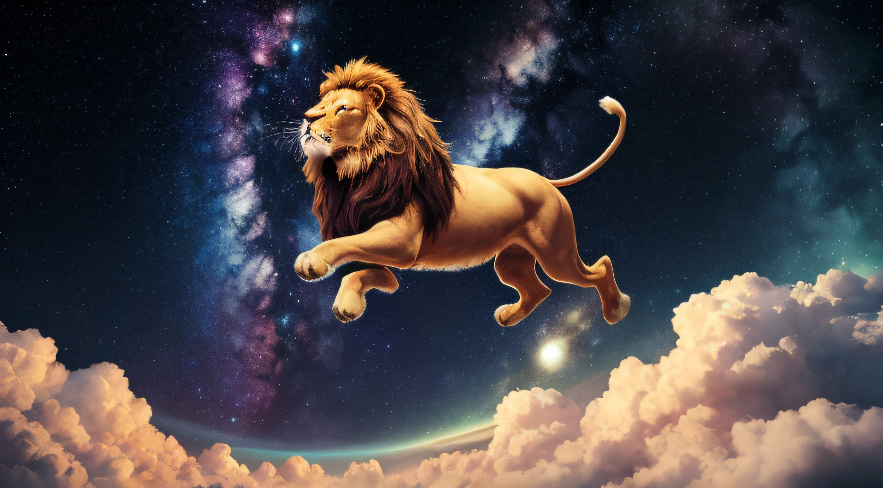 Animal lion flying in a galaxy, Large mane colored with the colors of the galaxy, com a boca aberta, cores vivas, corpo inteiro, Smooth color transitions, nuvens, estrelas cadentes, HDR, Artistic illustration, mistic, papel de parede, rainbowart --auto