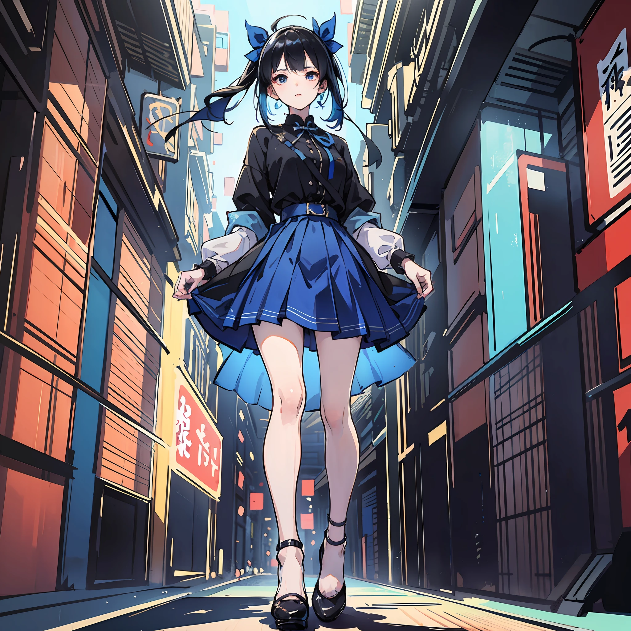 black color hair,blue hair ribbon,Blue and black skirt,black heels。Skin daylight,Excellent figure,4k
