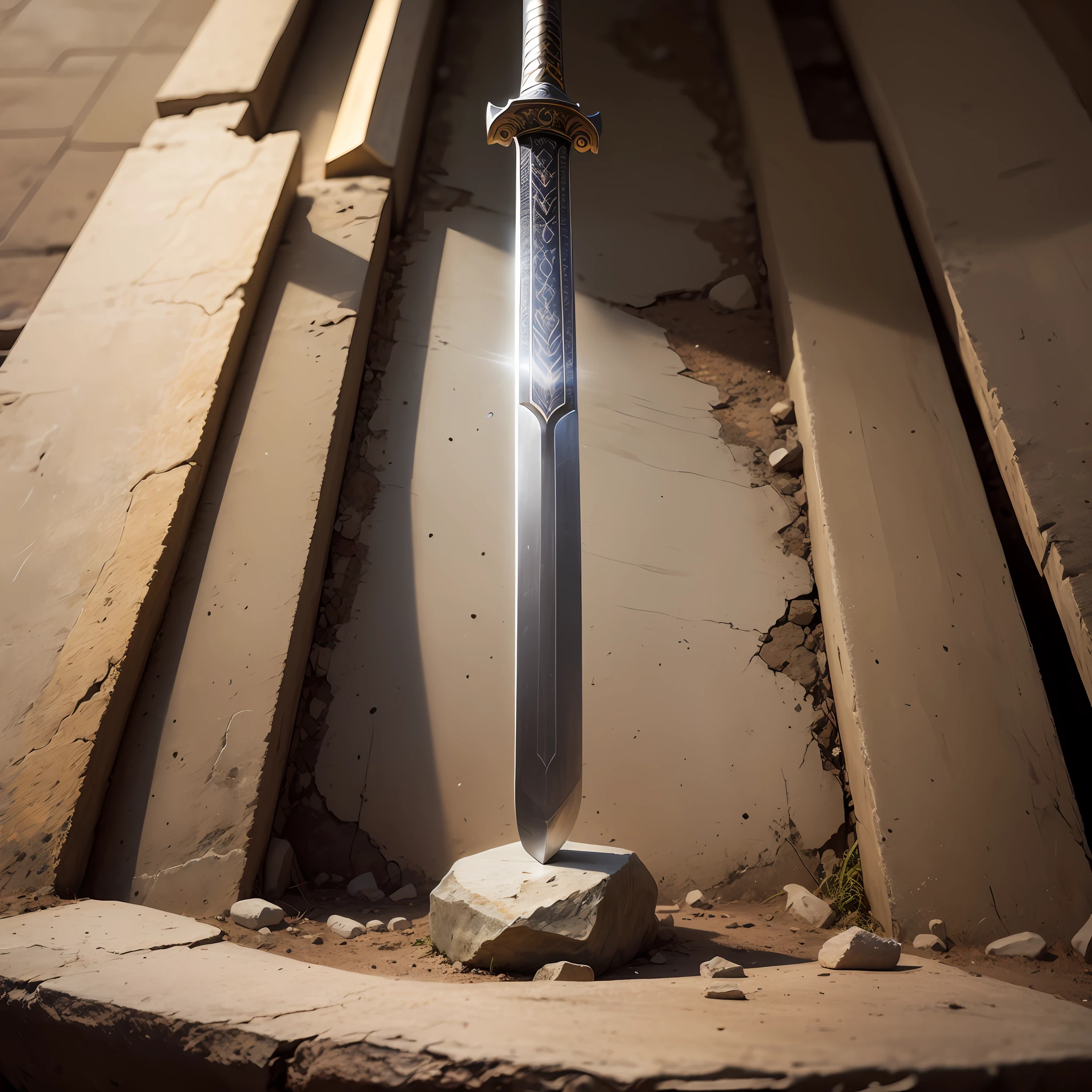 The ancient sword lay on a stone,Macro,4K,超高分辨率,Extreme light and shadow,Ray traching,HighestQuali,Full of details,Dusty,stale,Handsome --auto